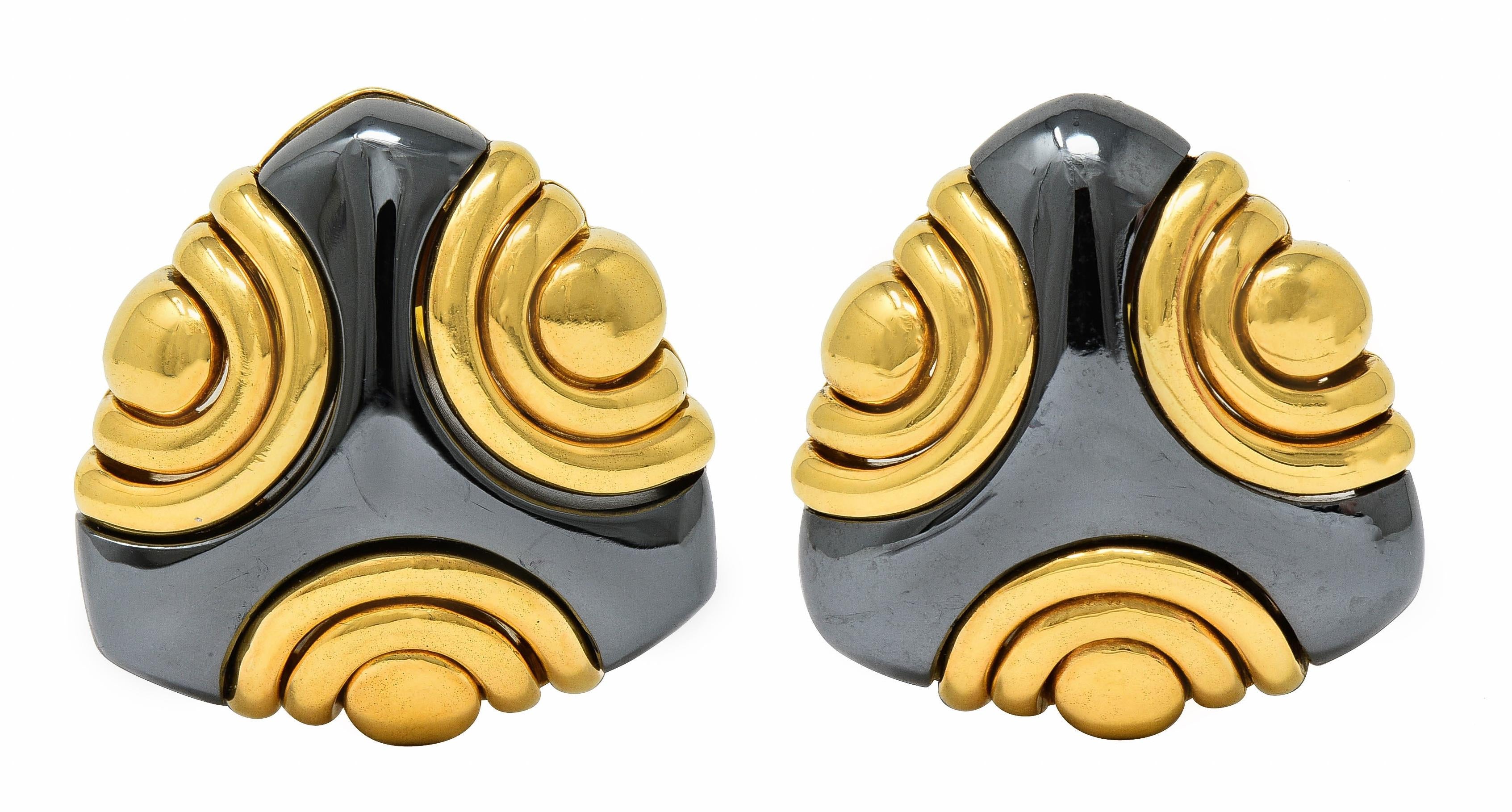 Bulgari 1980's Carved Hematite 18K Gold Geometric Vintage Ear-Clip Earrings