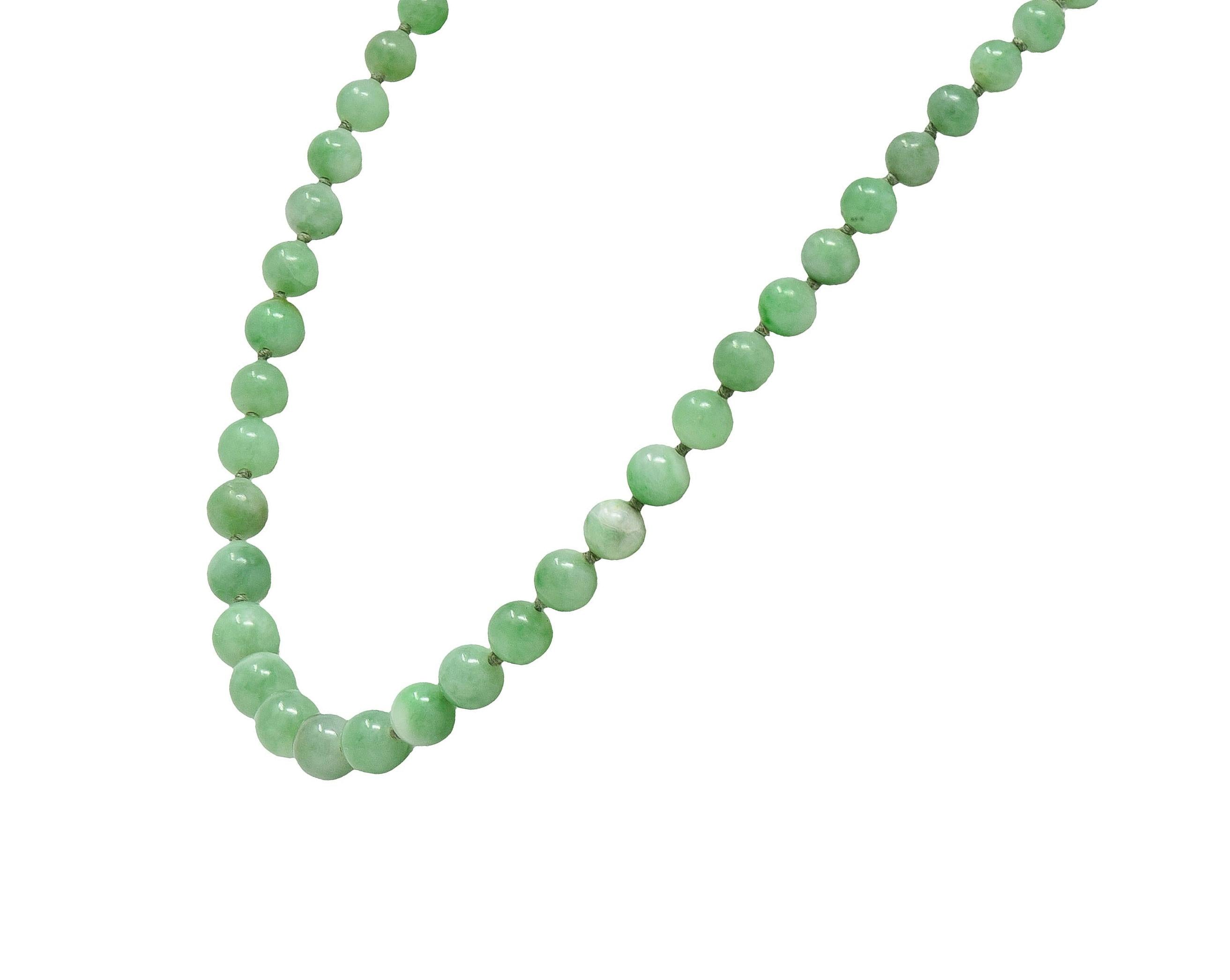 Art Deco Jade Diamond 14 Karat White Gold Vintage Graduated Jade Bead Necklace