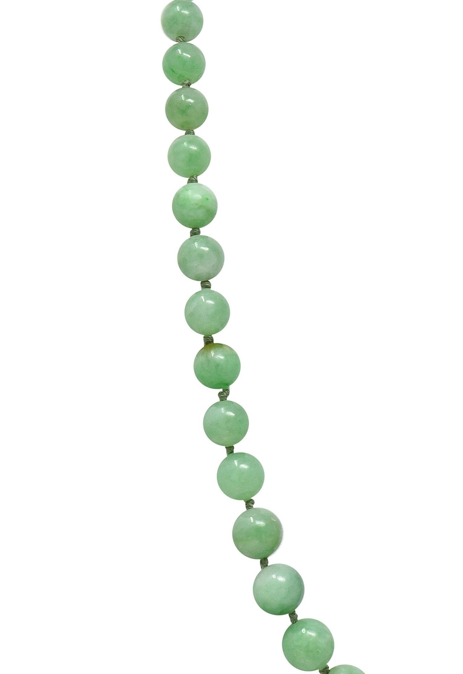 Art Deco Jade Diamond 14 Karat White Gold Vintage Graduated Jade Bead Necklace