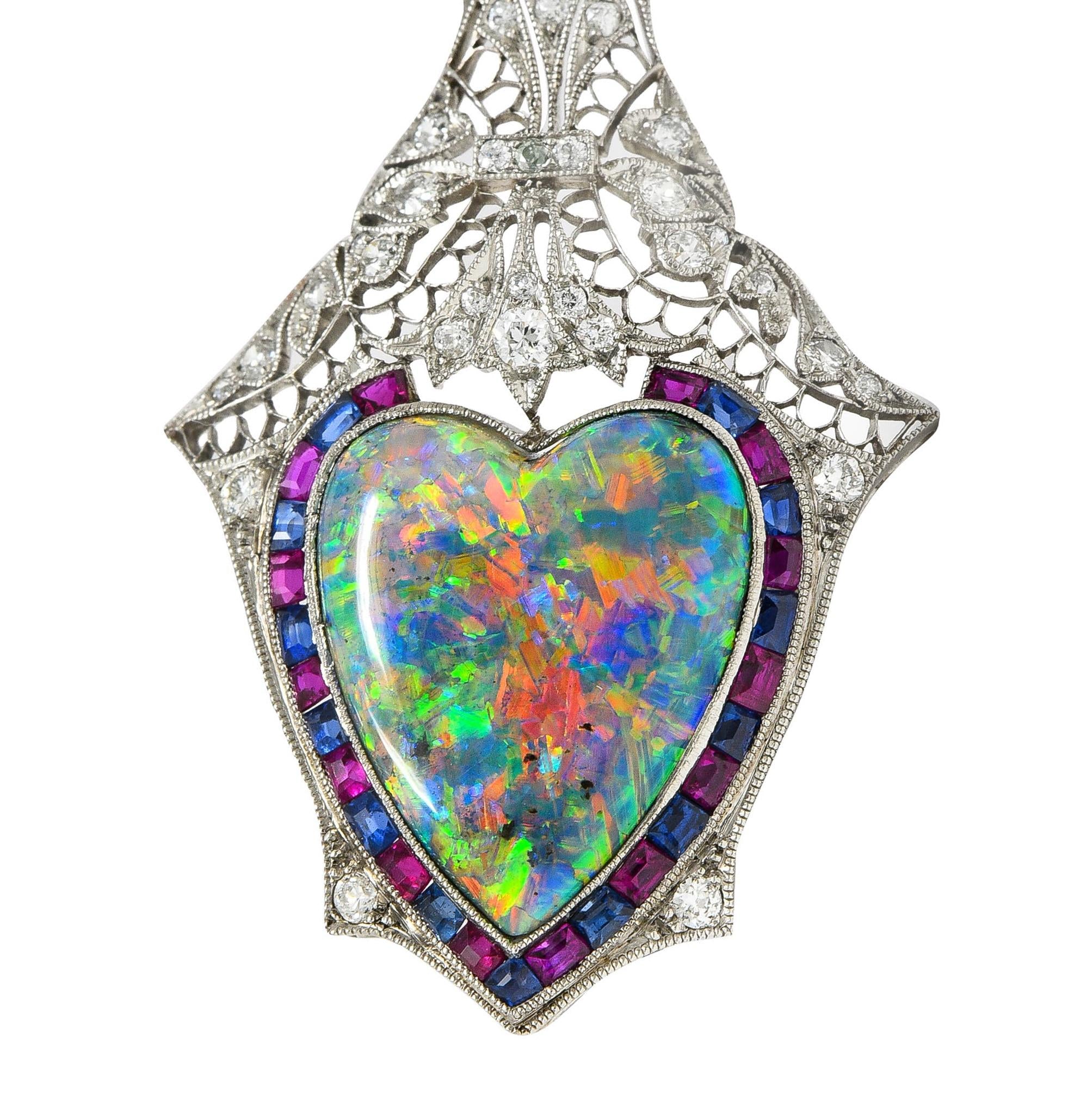 Edwardian 9.64 CTW Diamond Sapphire Ruby Heart Shaped Black Opal Antique Pendant