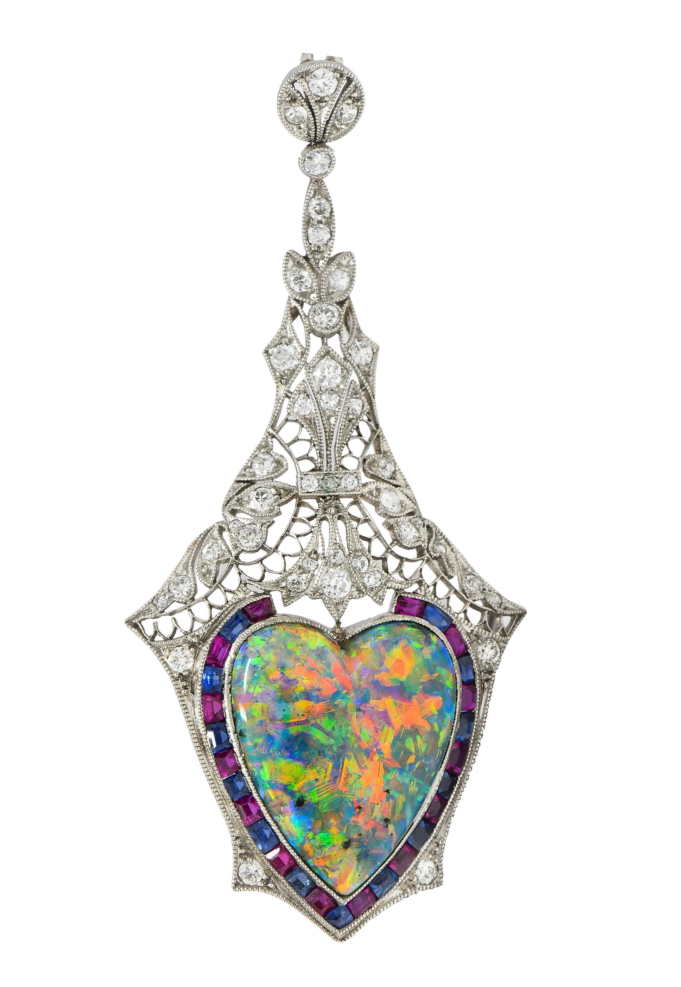 Edwardian 9.64 CTW Diamond Sapphire Ruby Heart Shaped Black Opal Antique Pendant