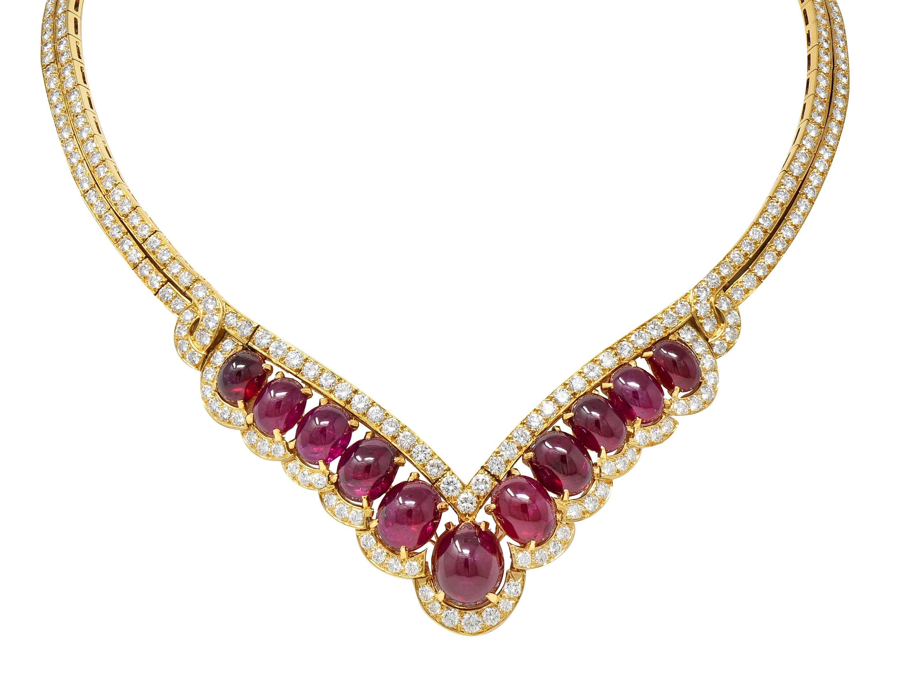 Van Cleef & Arpels 72.35 CTW Ruby Diamond 18K Gold Vintage V Collar Necklace