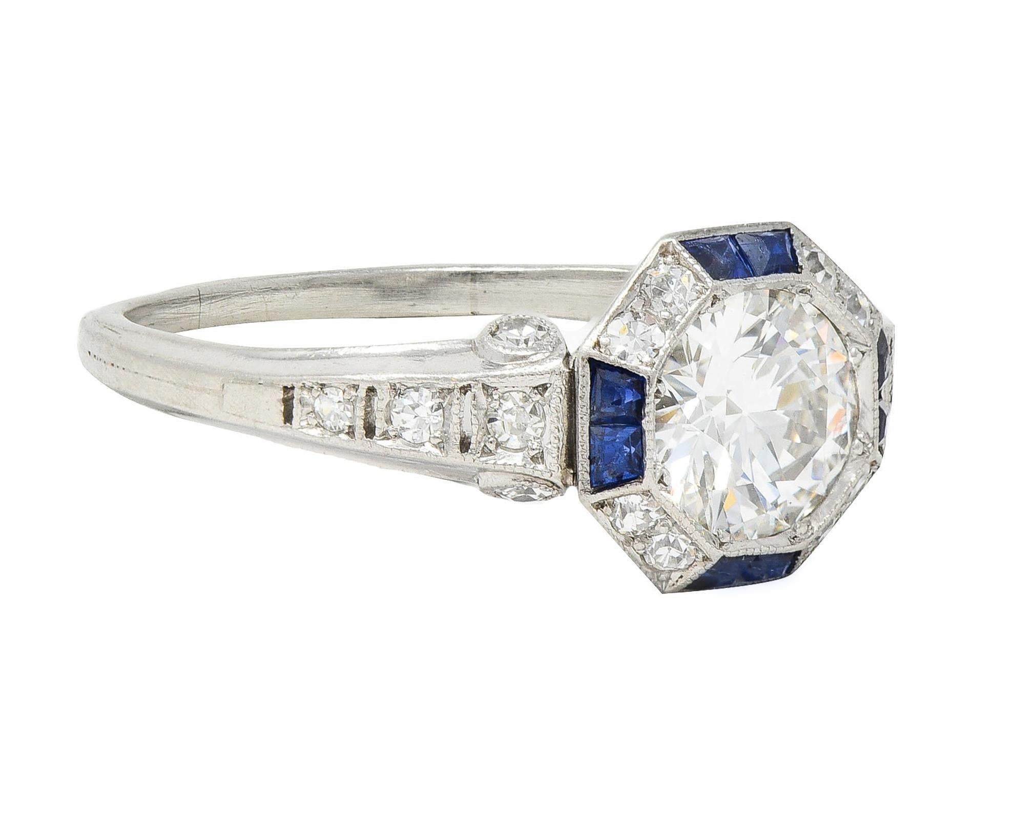 Art Deco 1.38 CTW Old European Diamond Sapphire Platinum Vintage Engagement Ring