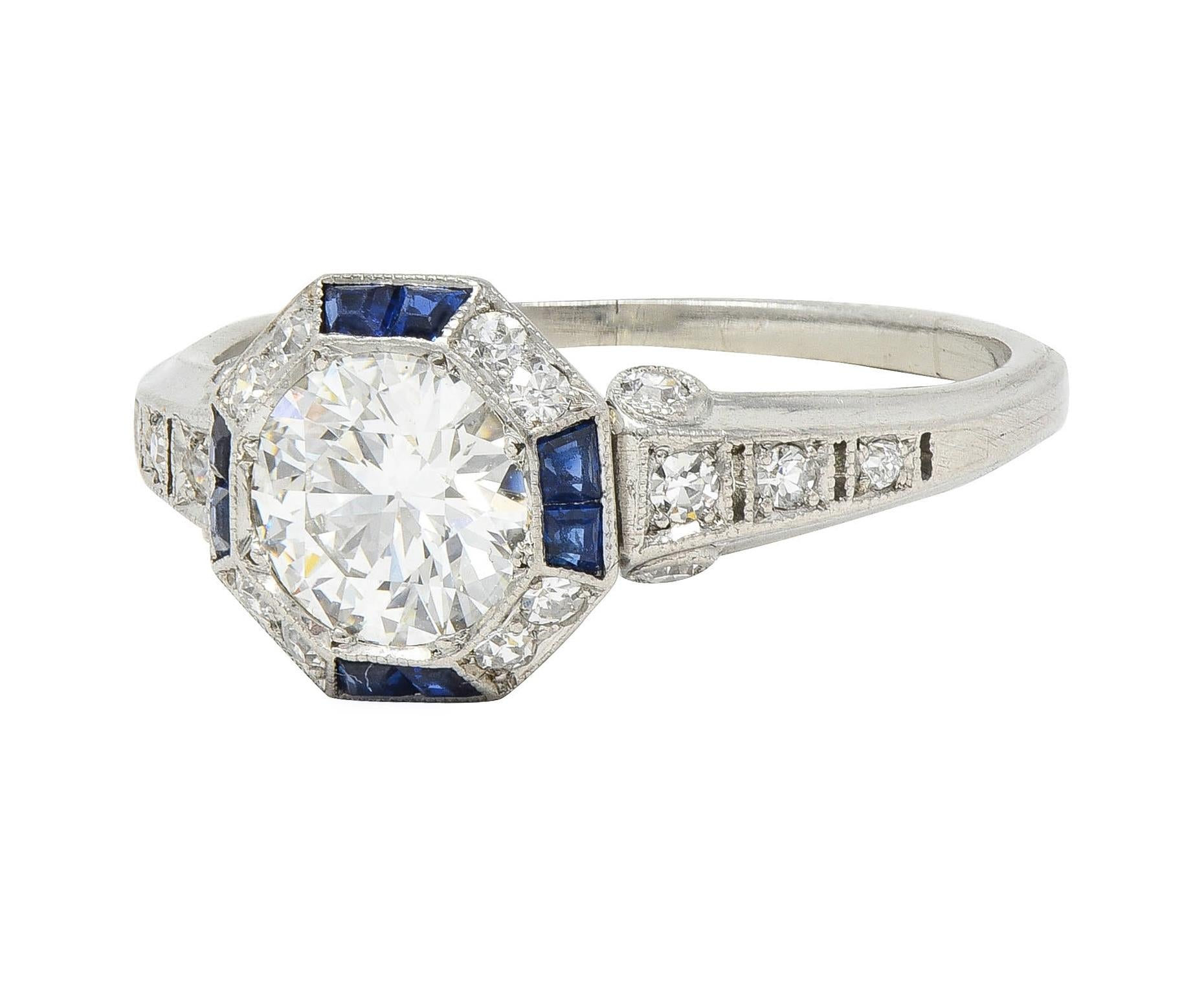 Art Deco 1.38 CTW Old European Diamond Sapphire Platinum Vintage Engagement Ring