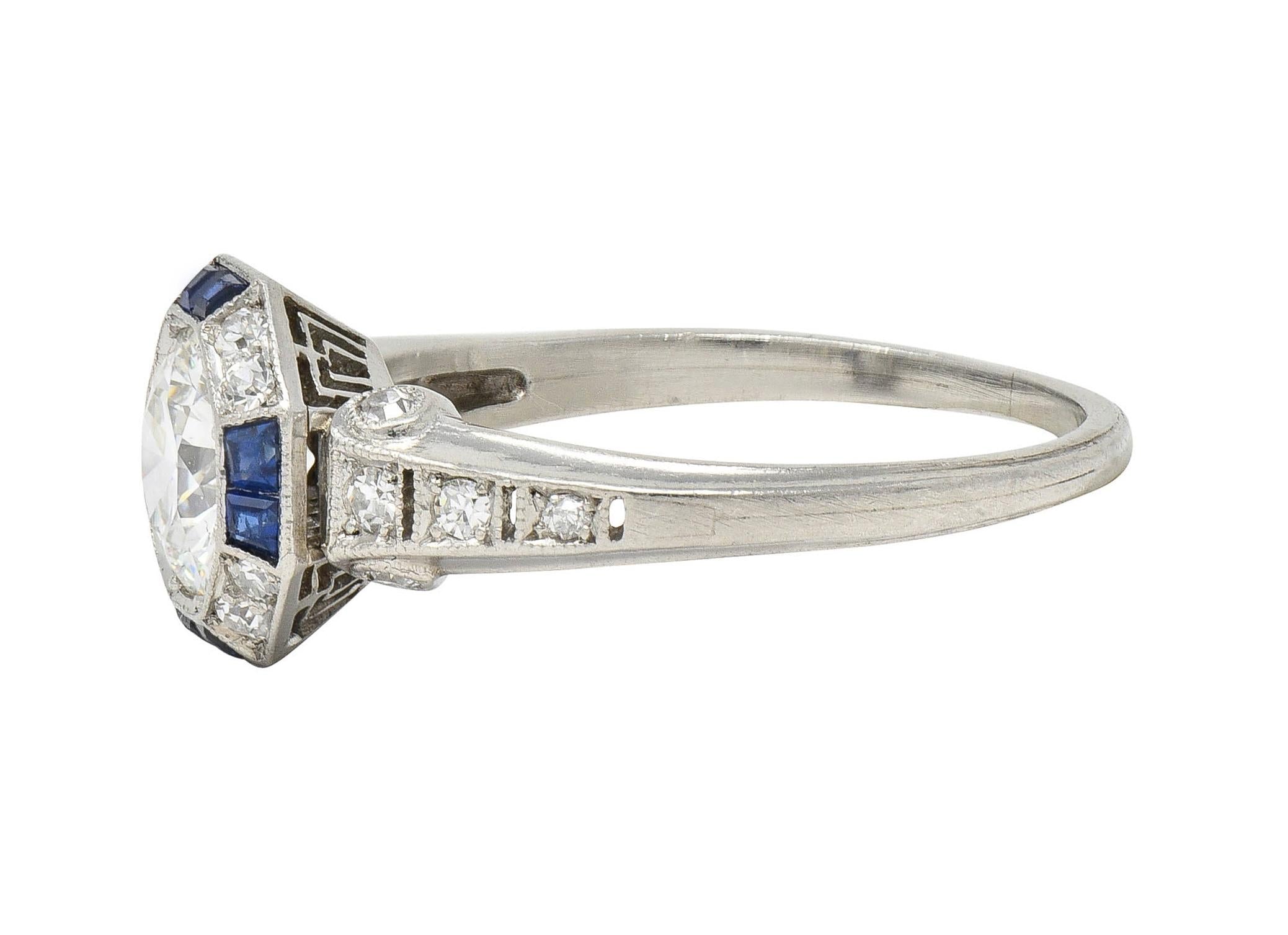 Art Deco 1.38 CTW Old European Diamond Sapphire Platinum Vintage Engagement Ring