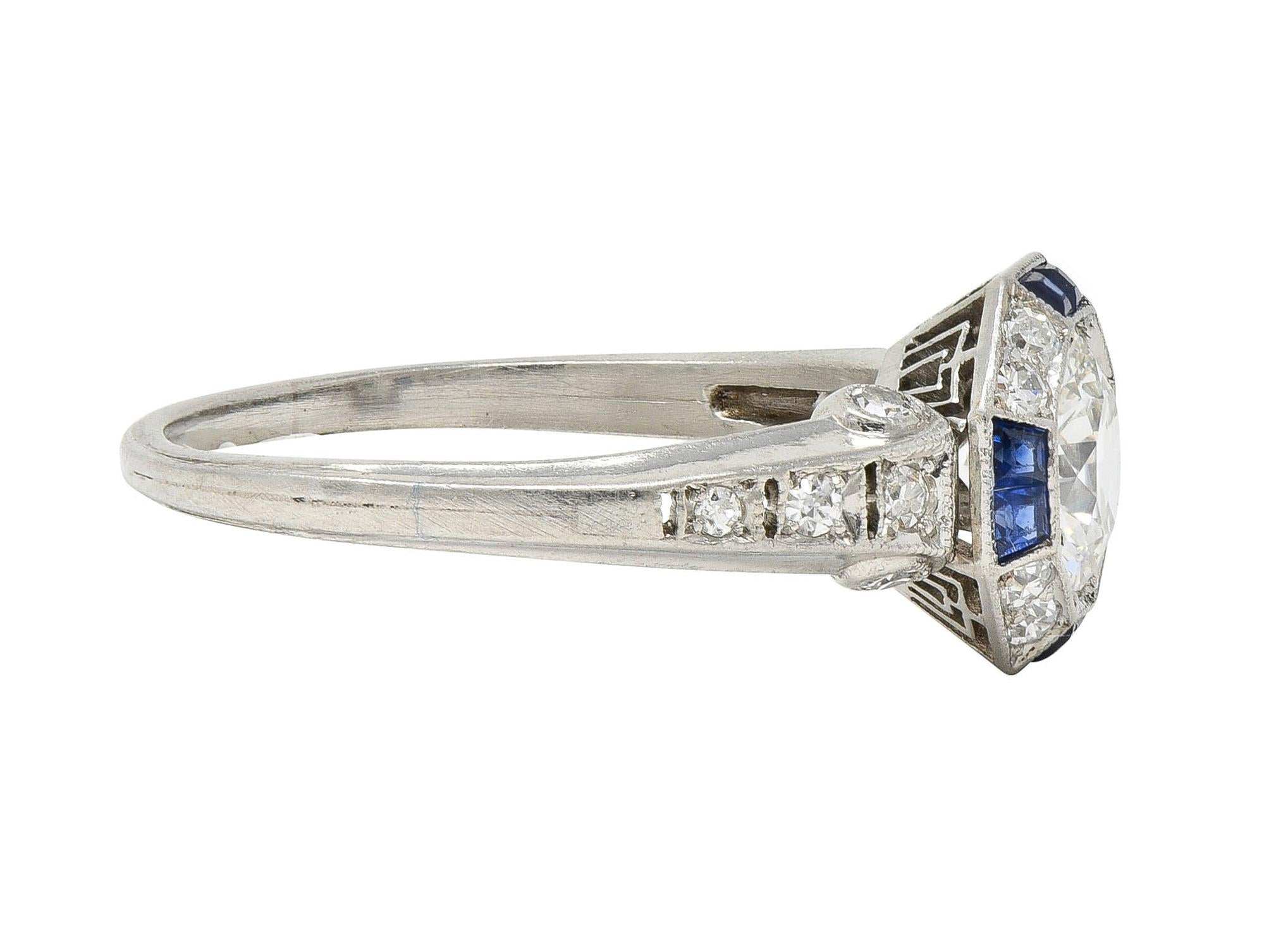 Art Deco 1.38 CTW Old European Diamond Sapphire Platinum Vintage Engagement Ring