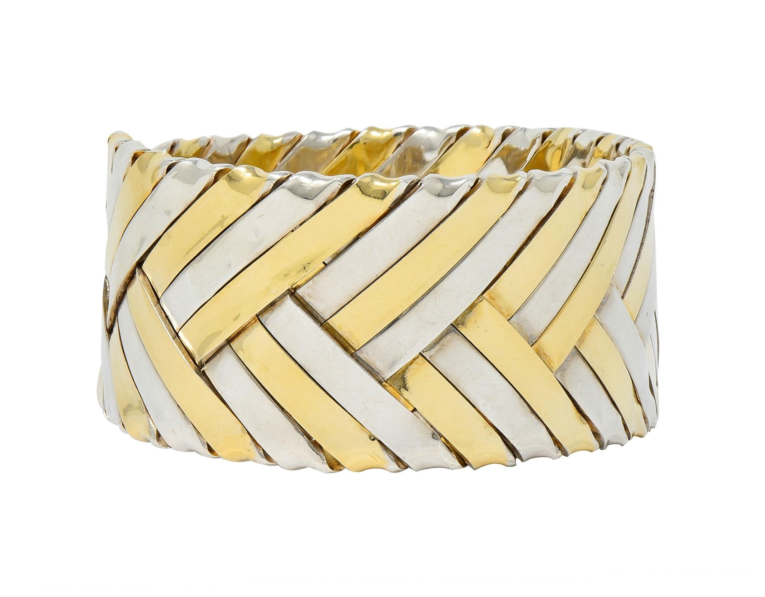 Cartier 1970's 18 Karat Yellow Gold Sterling Silver Woven Vintage Cuff Bracelet