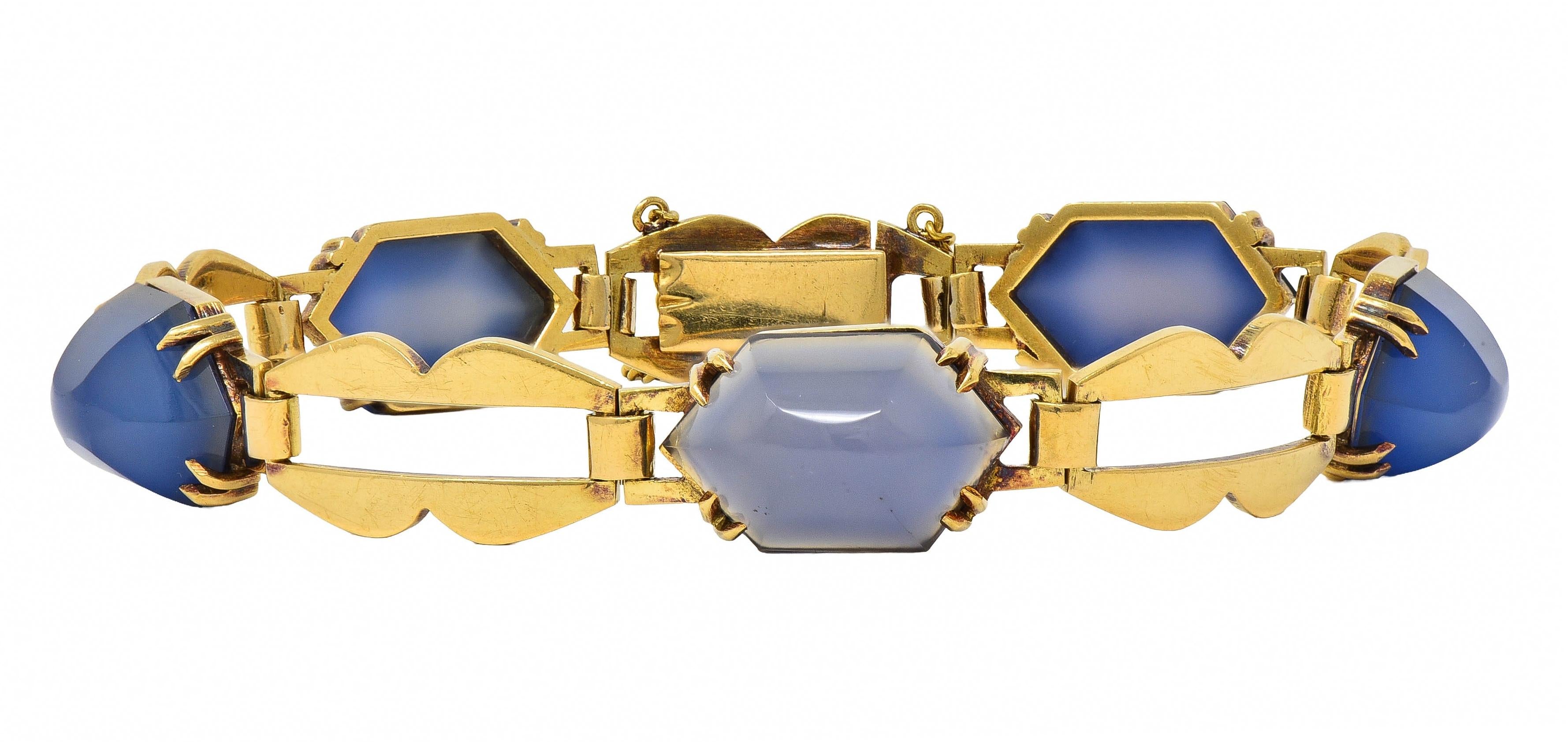 Art Deco French Blue Chalcedony 18 Karat Yellow Gold Antique Link Bracelet