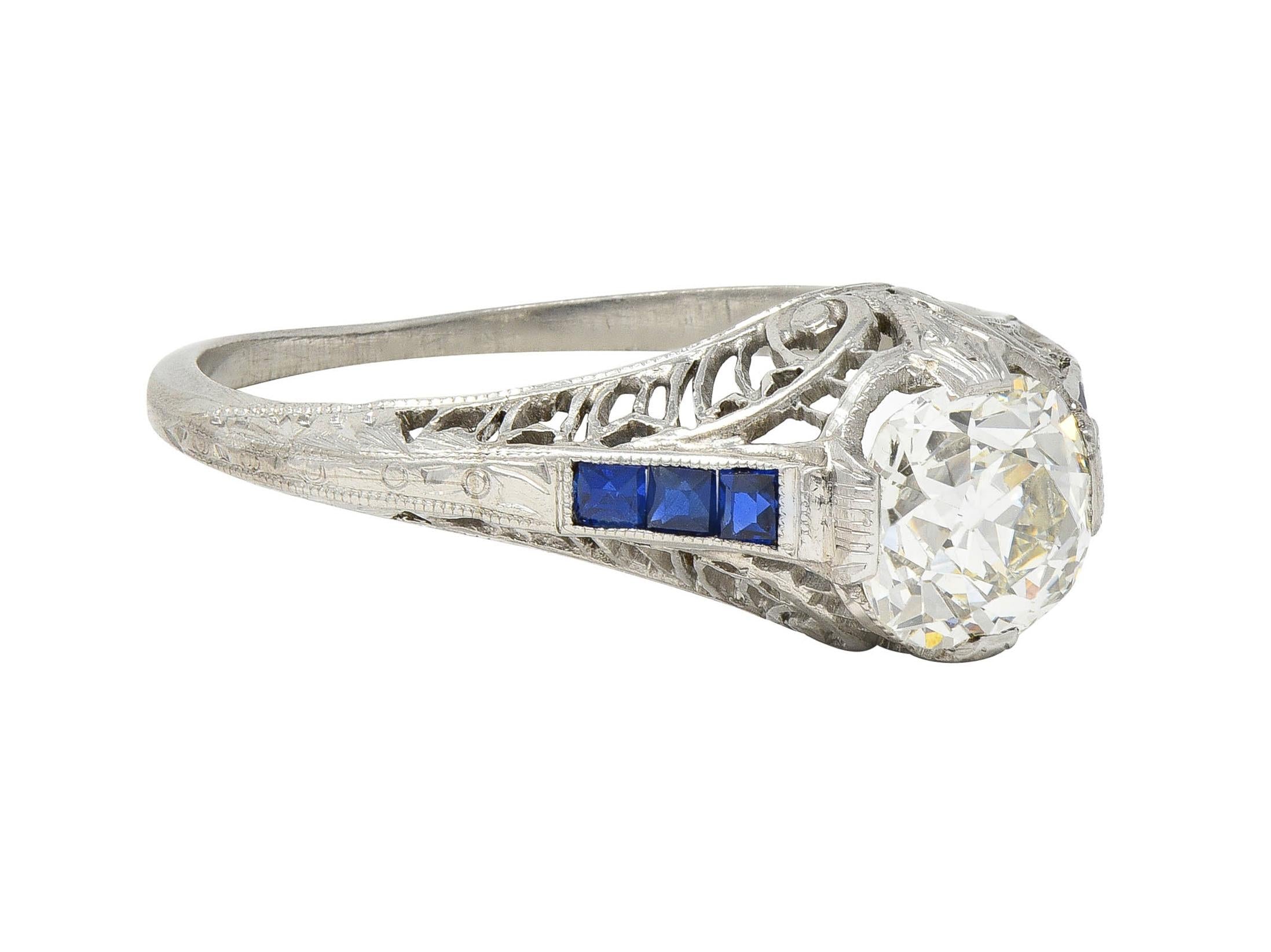 Art Deco 1.52 CTW Old Mine Cut Diamond Sapphire Platinum Vintage Engagement Ring