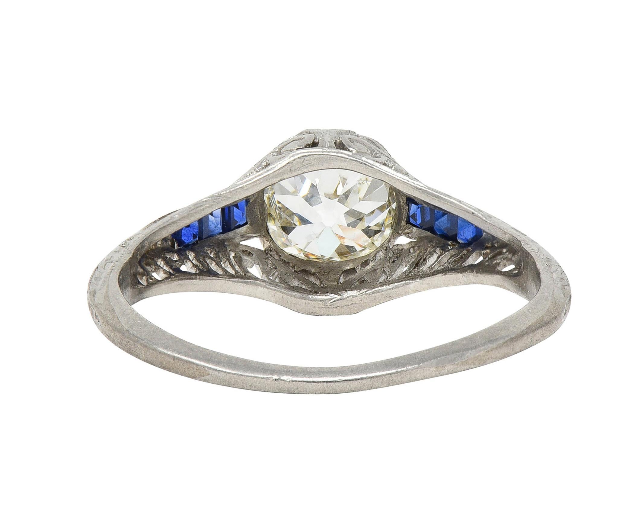 Art Deco 1.52 CTW Old Mine Cut Diamond Sapphire Platinum Vintage Engagement Ring