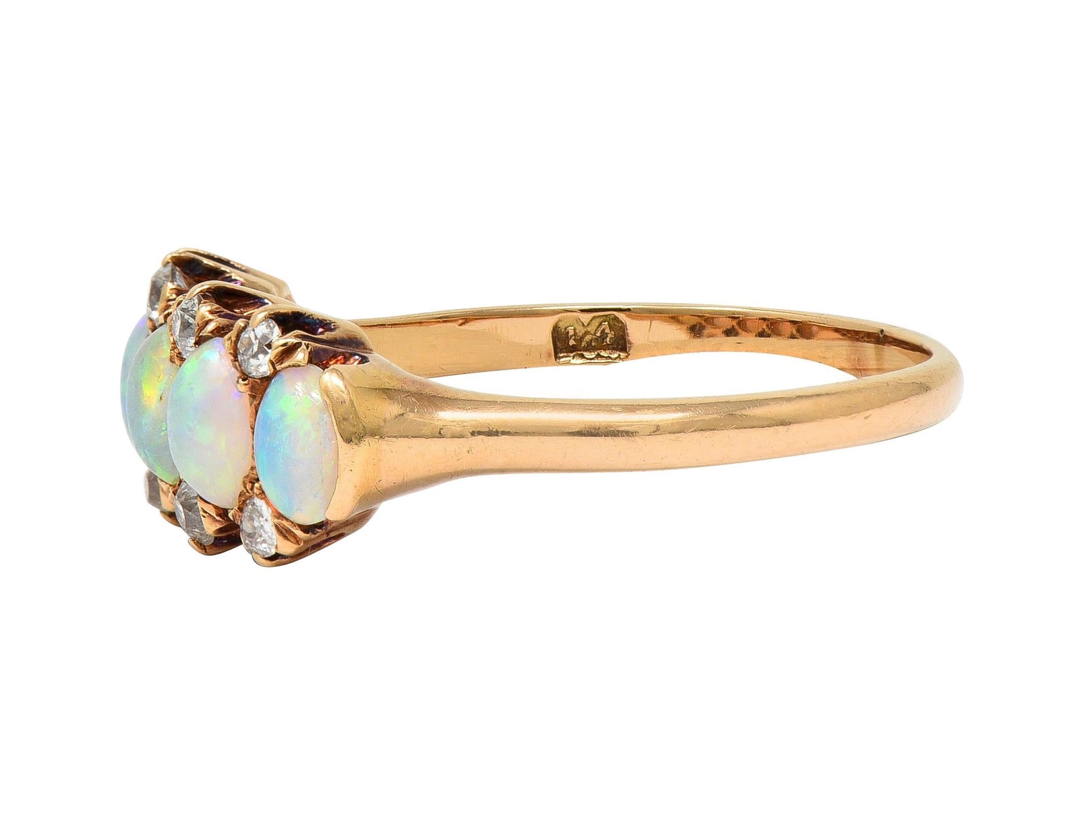 Victorian Opal Diamond 14 Karat Yellow Gold Antique Five Stone Band Ring