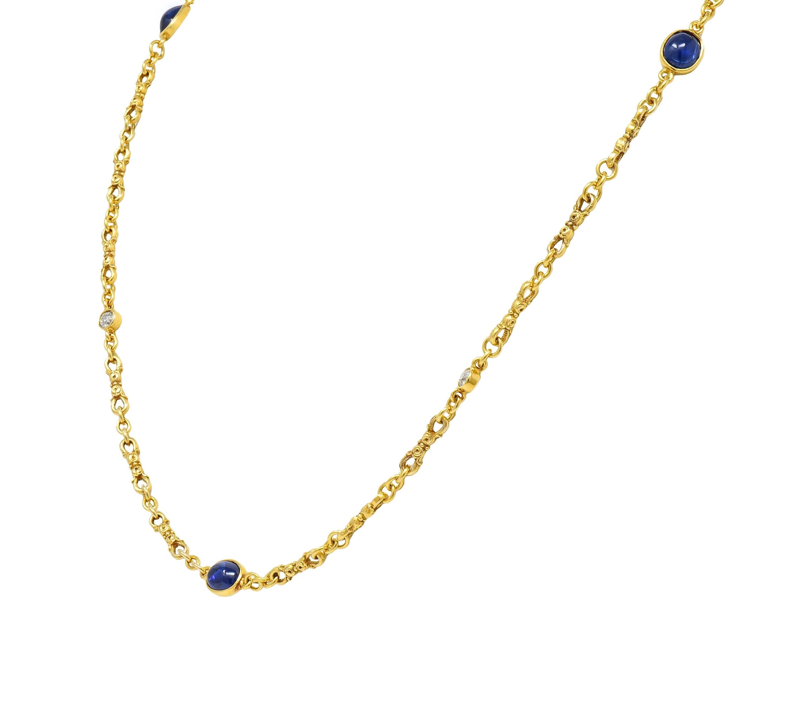 Victorian 3.94 CTW Sapphire Diamond 18 Karat Yellow Gold Link Antique Necklace