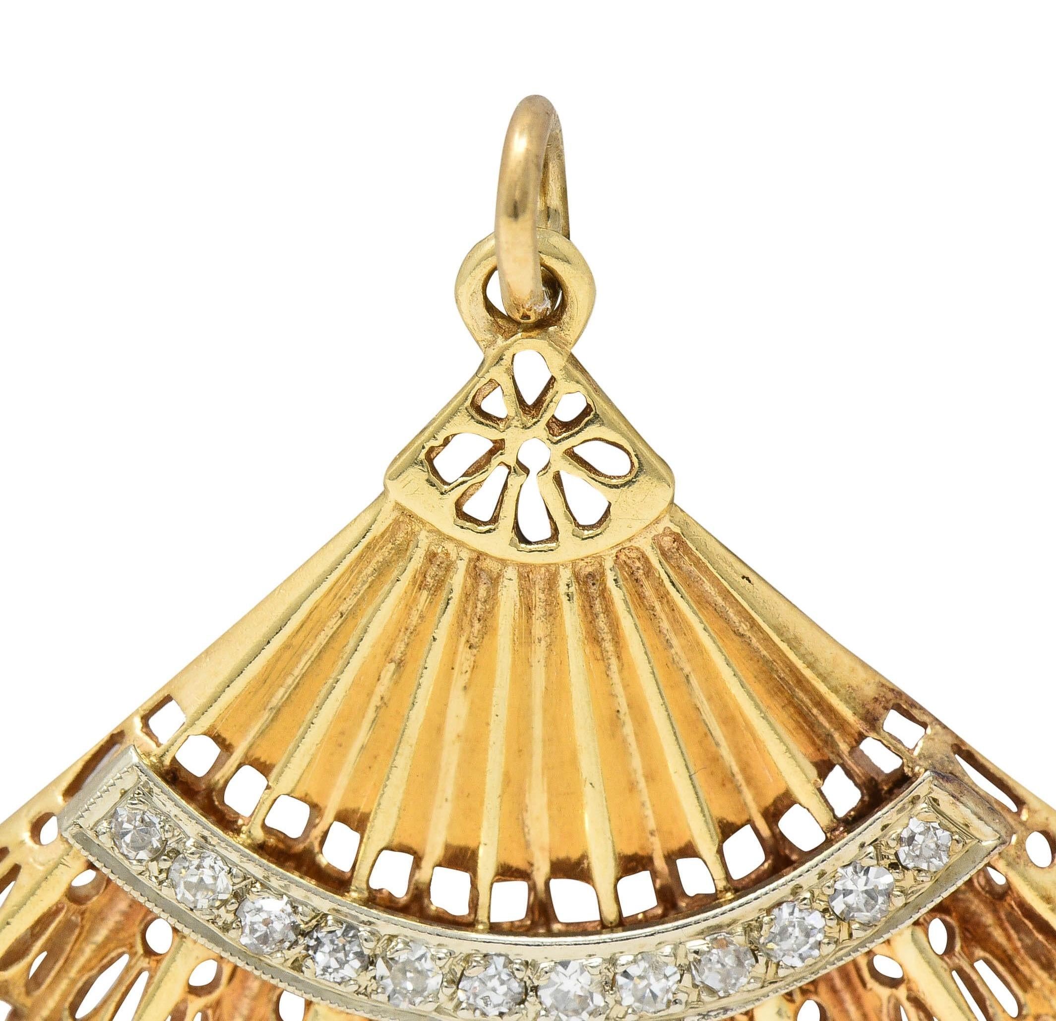 Mid-Century Diamond 14 Karat Two-Tone Gold Vintage Hand Fan Pendant