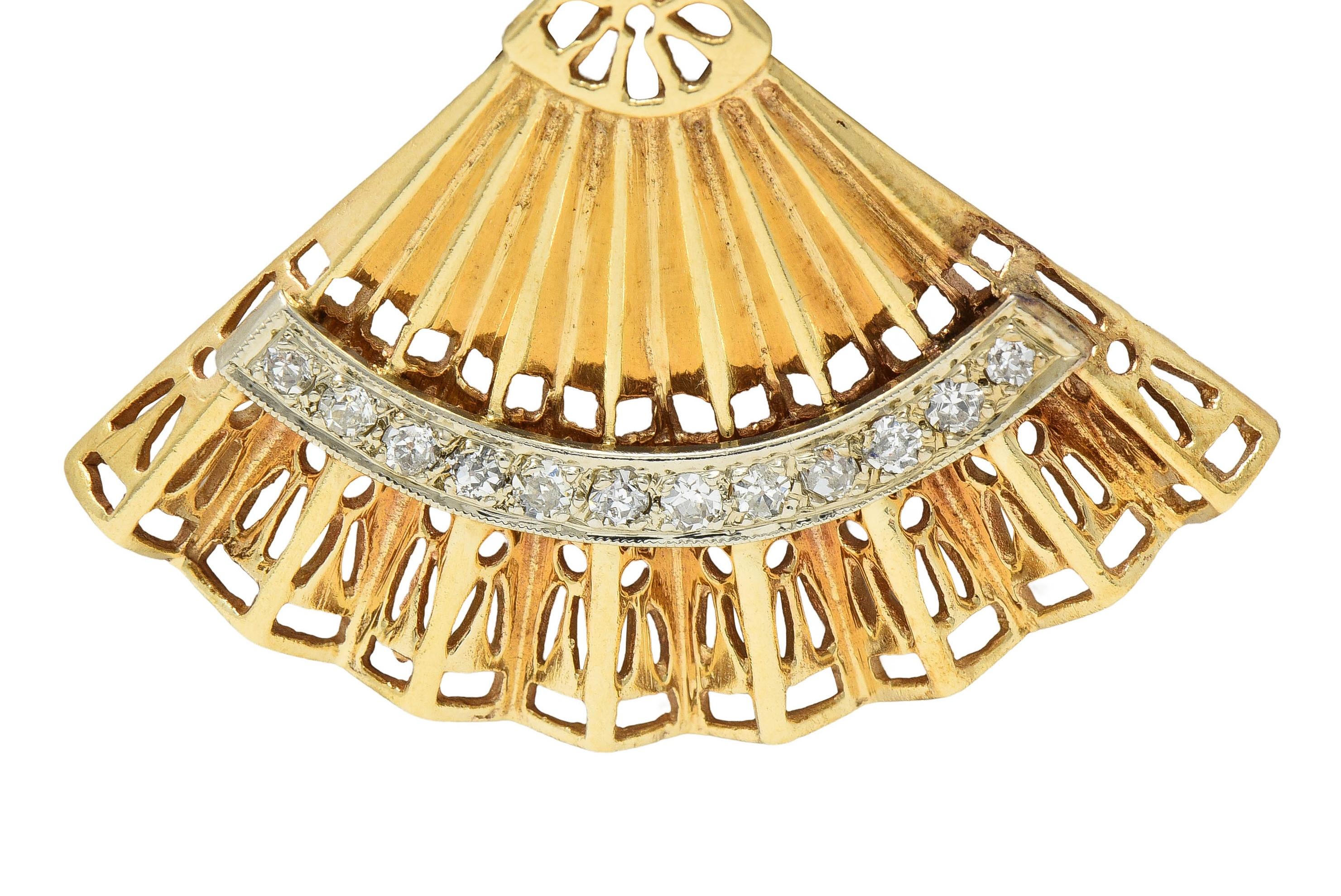 Mid-Century Diamond 14 Karat Two-Tone Gold Vintage Hand Fan Pendant