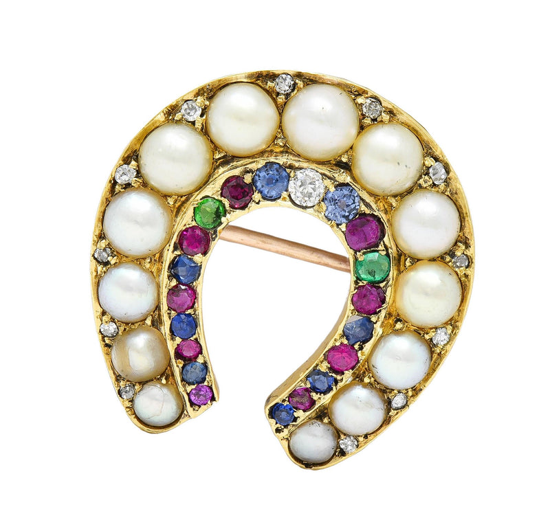 Victorian 1.00 CTW Pearl Multi-Gem 14 Karat Gold Antique Horseshoe Brooch