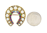 Victorian 1.00 CTW Pearl Multi-Gem 14 Karat Gold Antique Horseshoe Brooch