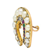 Victorian 1.00 CTW Pearl Multi-Gem 14 Karat Gold Antique Horseshoe Brooch