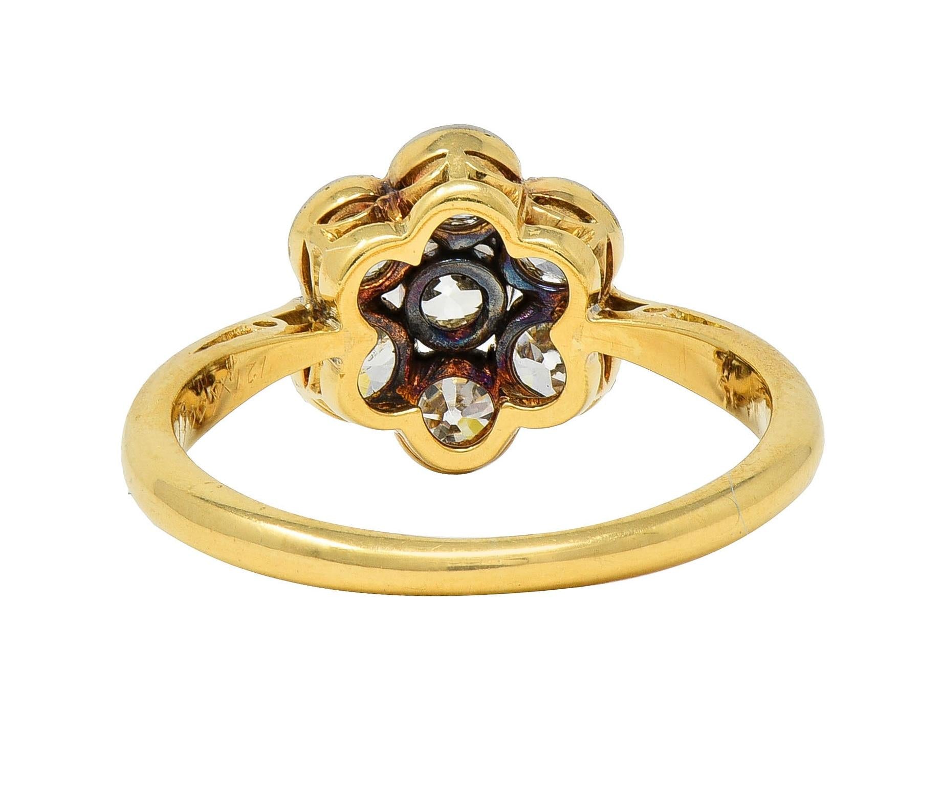 Edwardian European Diamond Platinum 18K Yellow Gold Antique Floral Cluster Ring