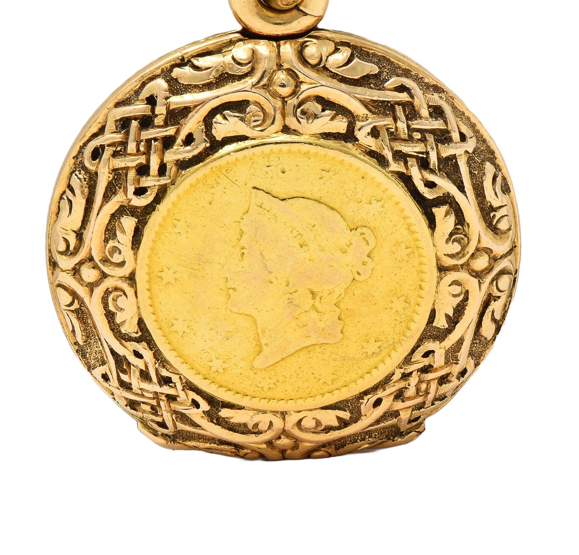 Victorian 14K Gold 1853 US Liberty Dollar Coin Antique Celtic Locket Pendant