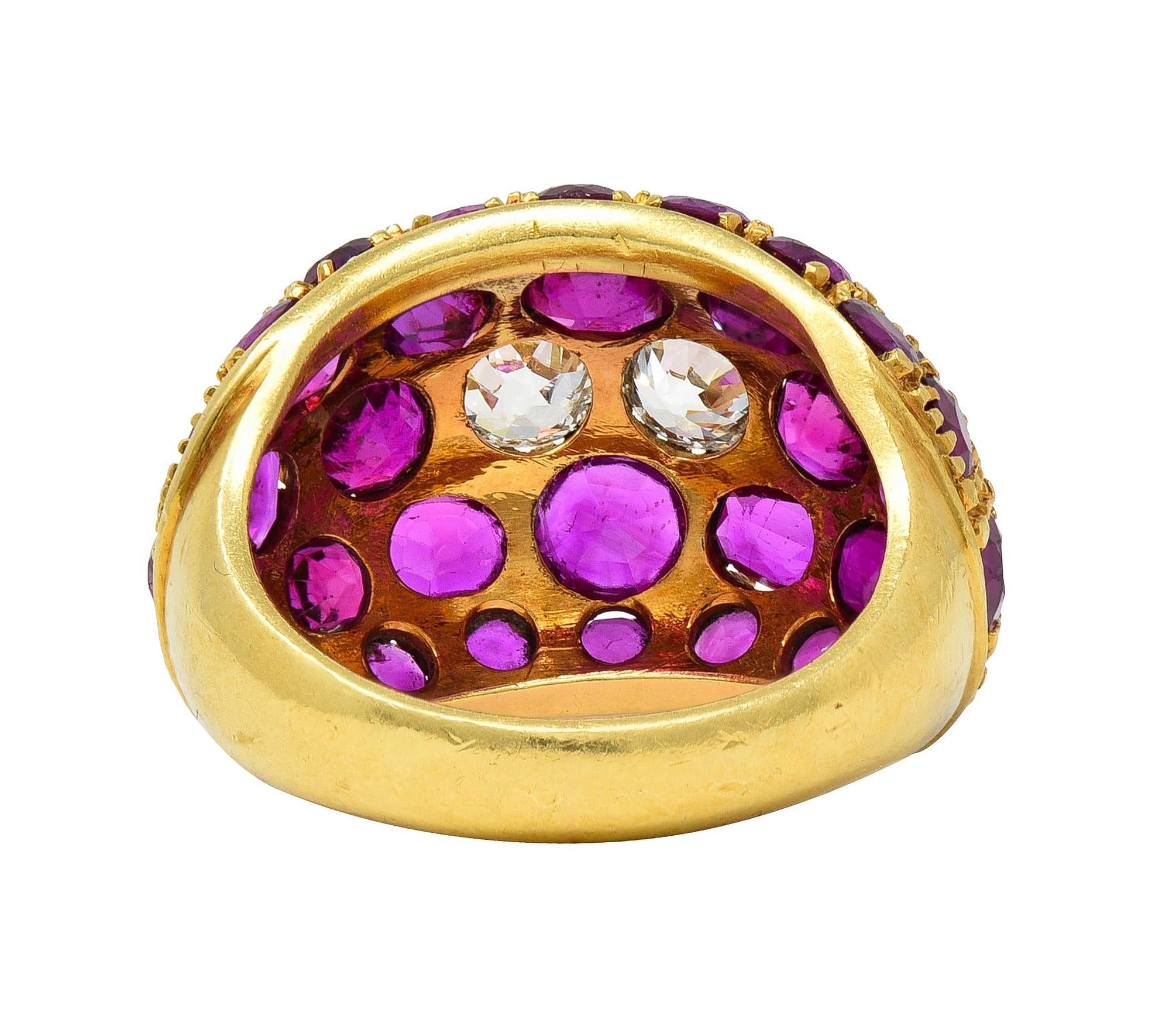 1950's 9.88 CTW Diamond Ruby 18 Karat Yellow Gold Vintage Bombé Pavé Dome Ring