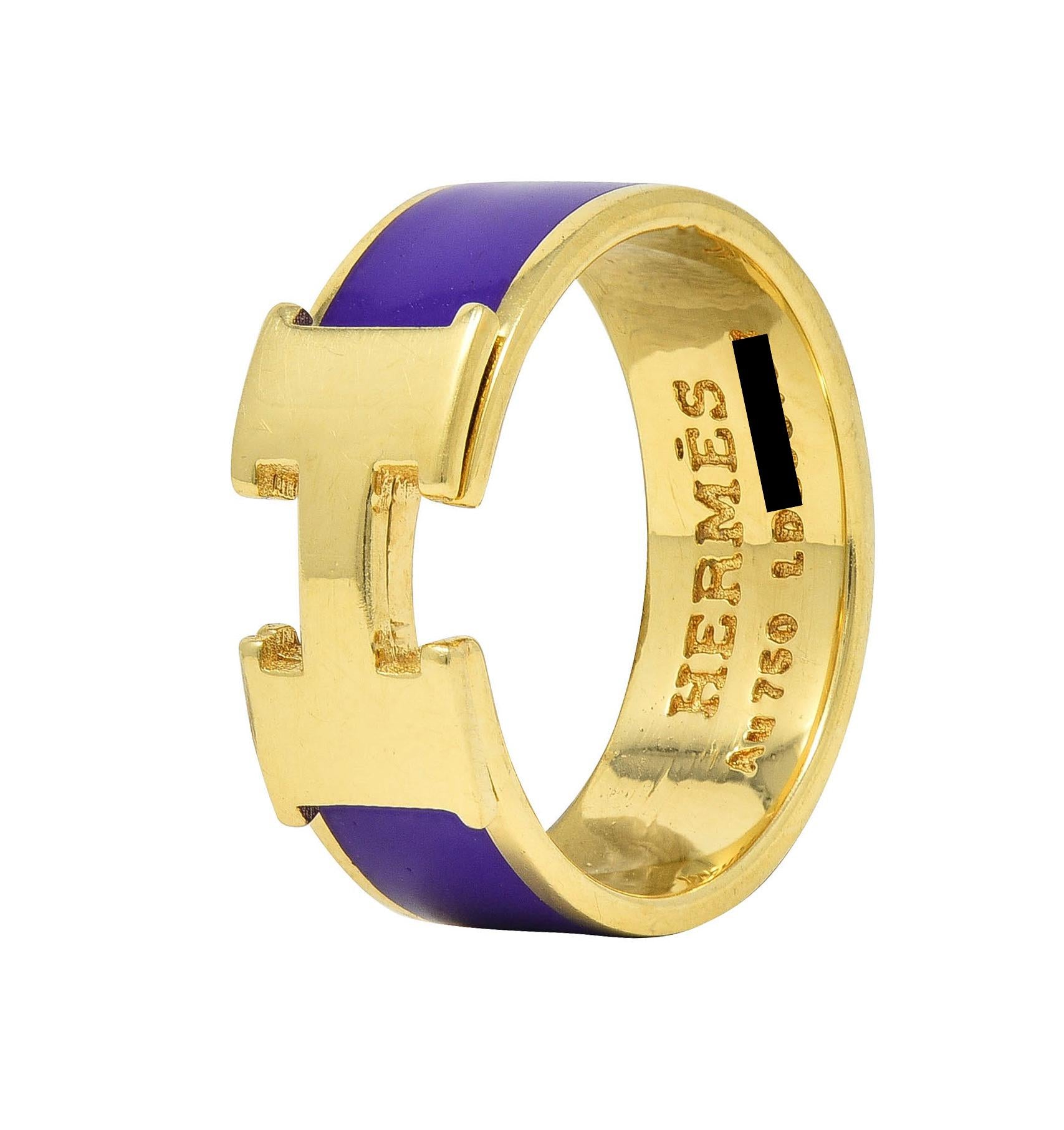 Hermés Purple Enamel 18 Karat Yellow Gold Clic Clac H Band Ring