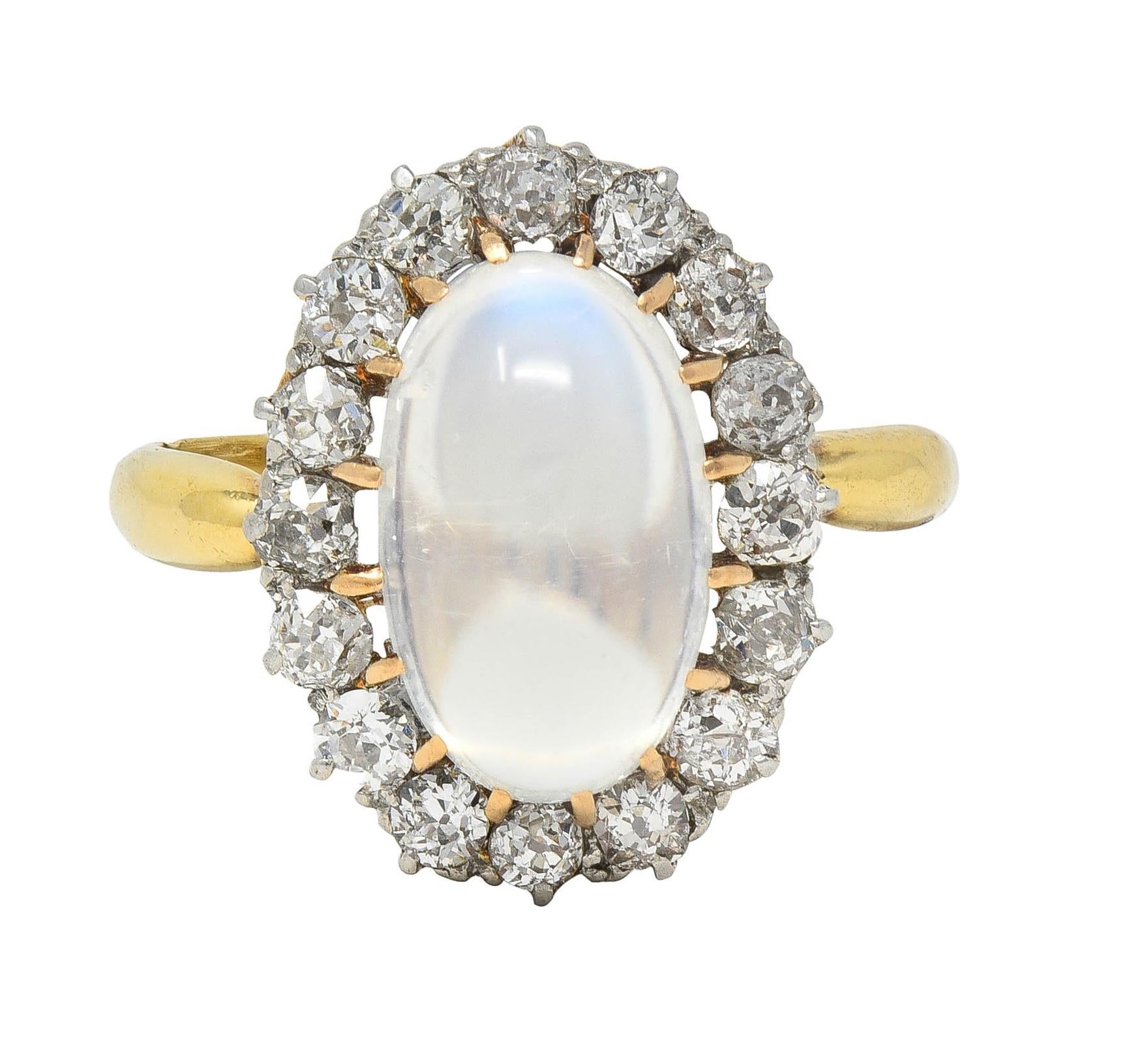 Edwardian Moonstone Diamond Platinum 14 Karat Gold Antique Halo Ring