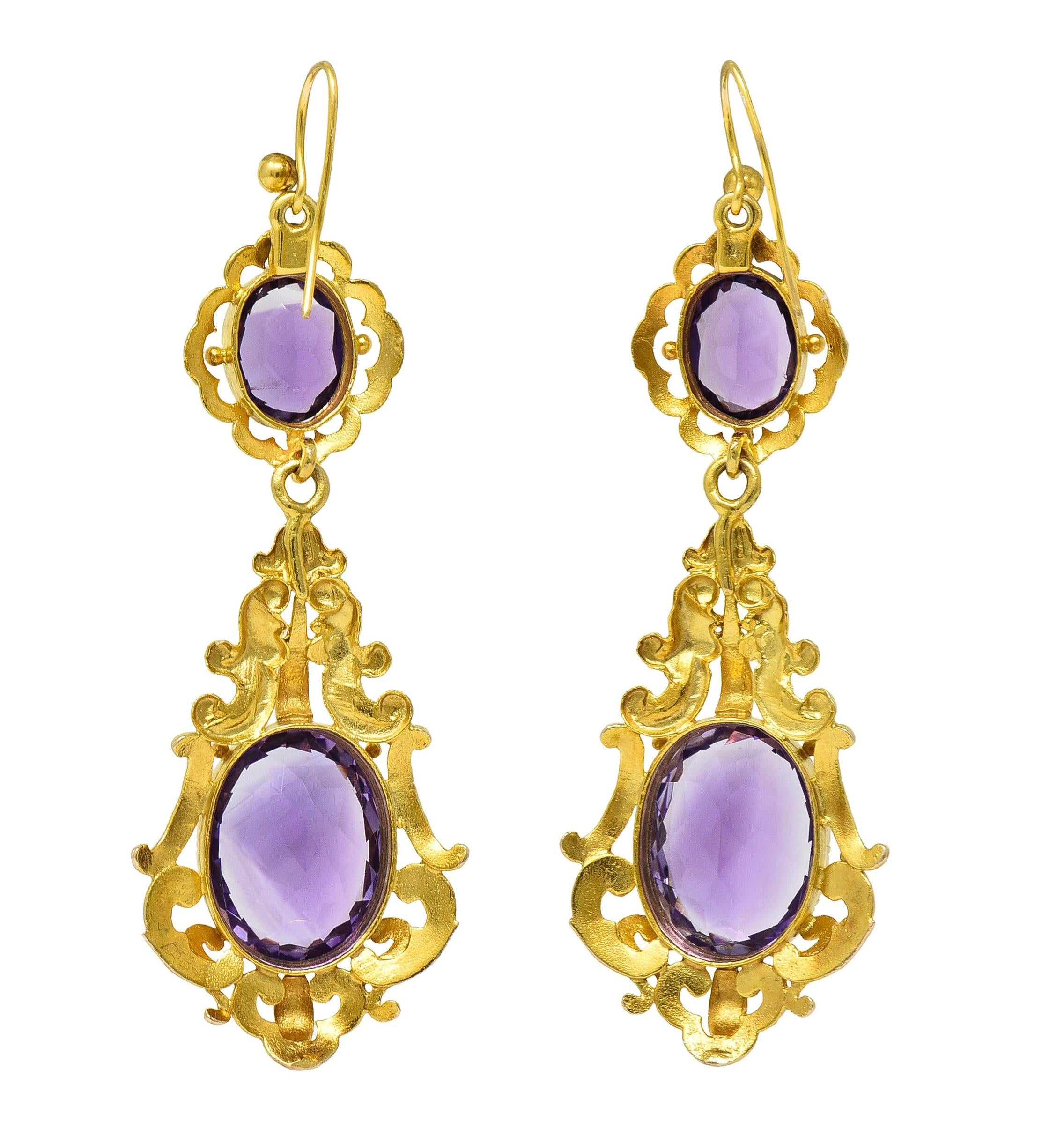 Victorian Amethyst 14 Karat Yellow Gold Antique Scrolling Drop Earrings