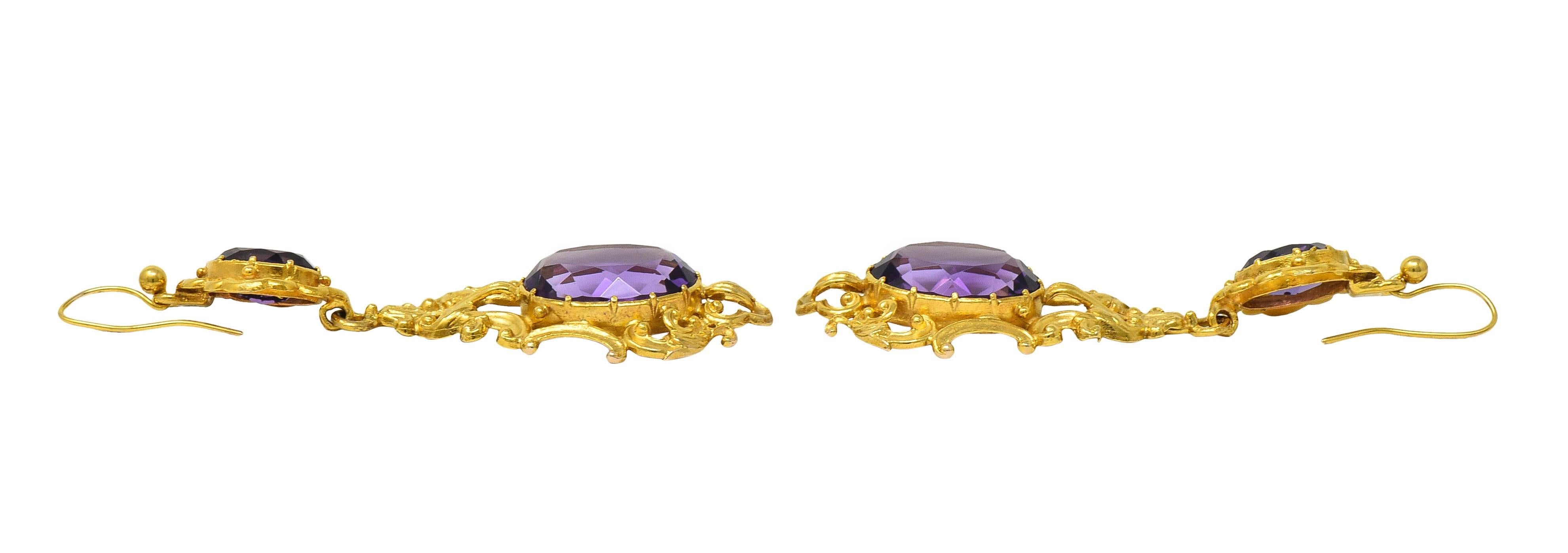 Victorian Amethyst 14 Karat Yellow Gold Antique Scrolling Drop Earrings