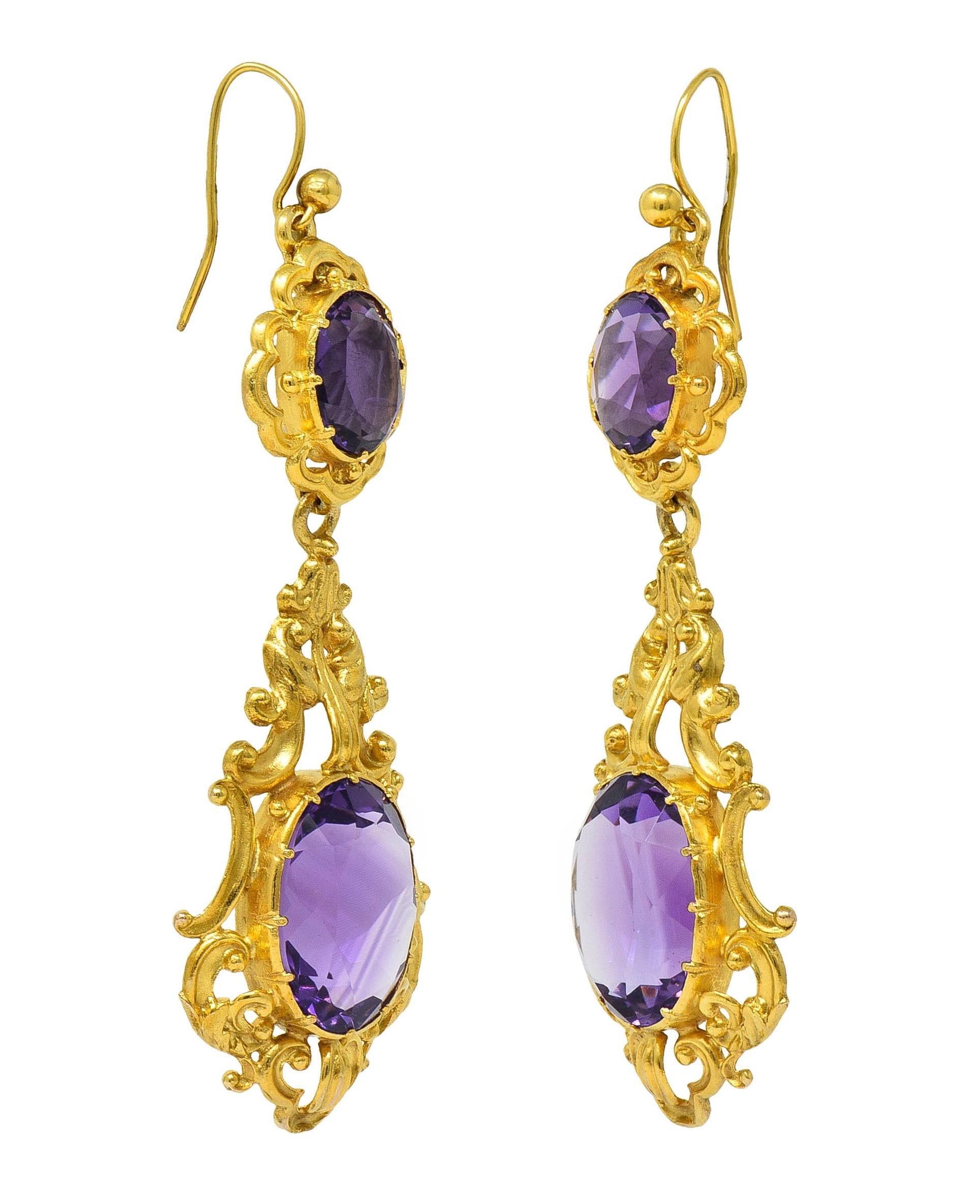 Victorian Amethyst 14 Karat Yellow Gold Antique Scrolling Drop Earrings