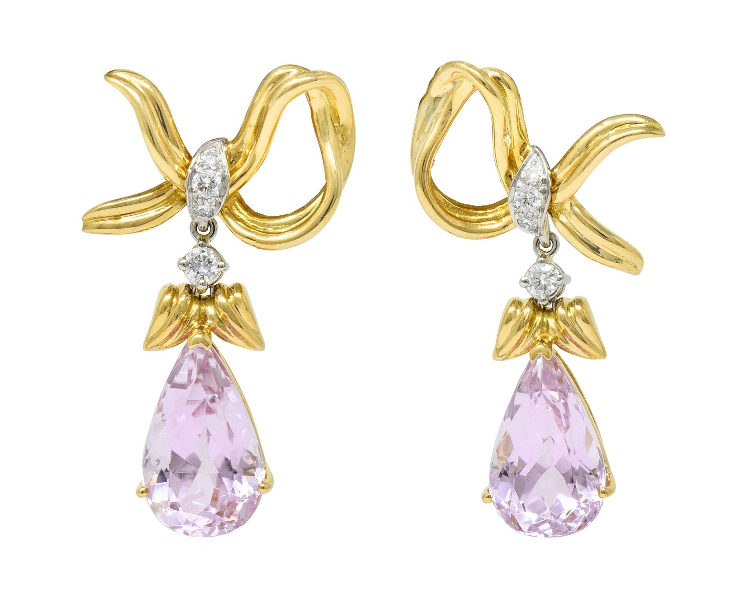 Tiffany & Co. 1988 Kunzite Diamond Platinum 18K Gold Vintage Angel Drop Earrings