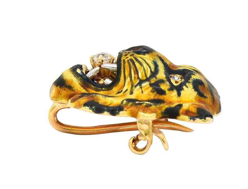 Alling & Co Art Nouveau Diamond Enamel 14 Karat Yellow Gold Antique Tiger Brooch