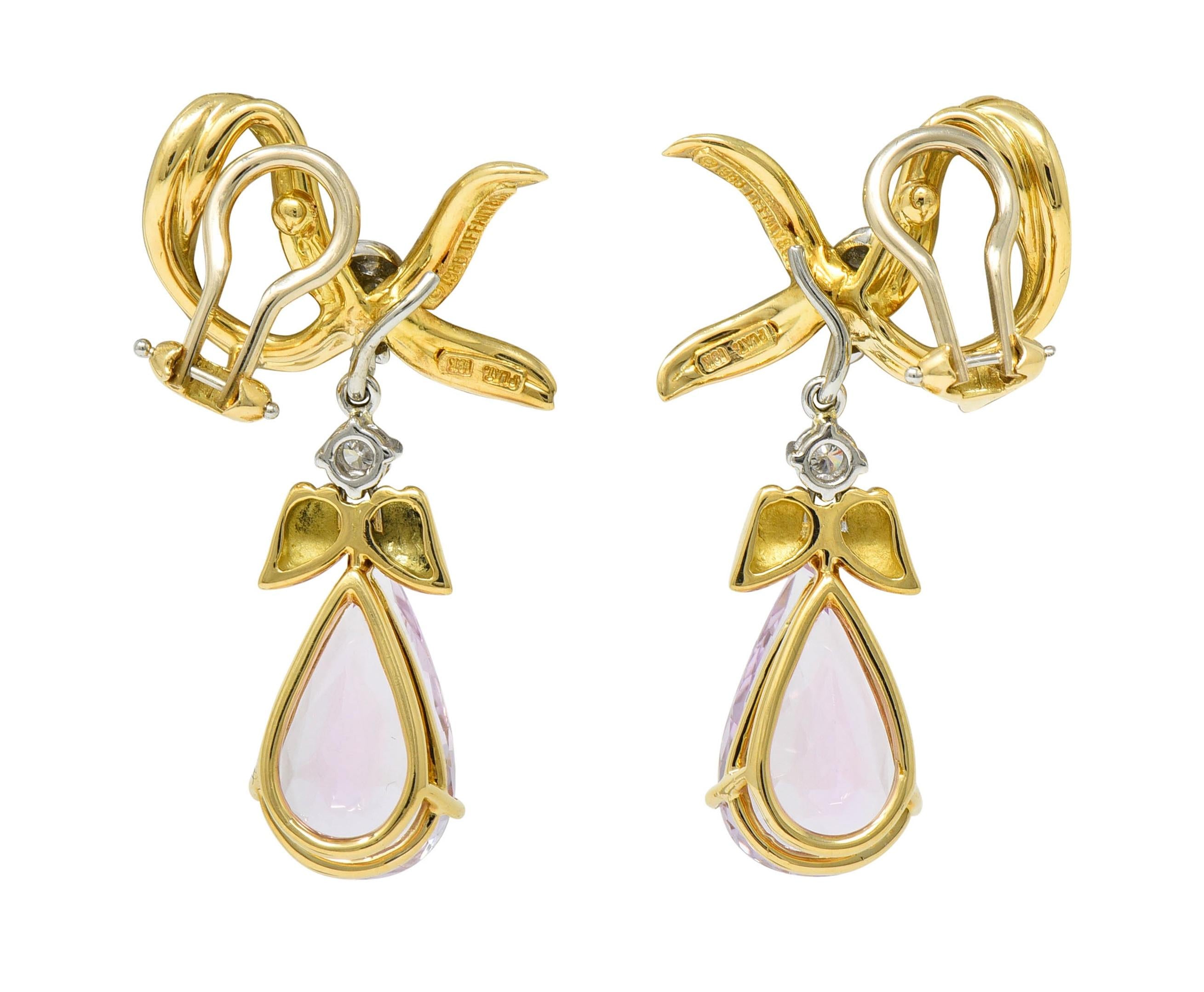 Tiffany & Co. 1988 Kunzite Diamond Platinum 18K Gold Vintage Angel Drop Earrings