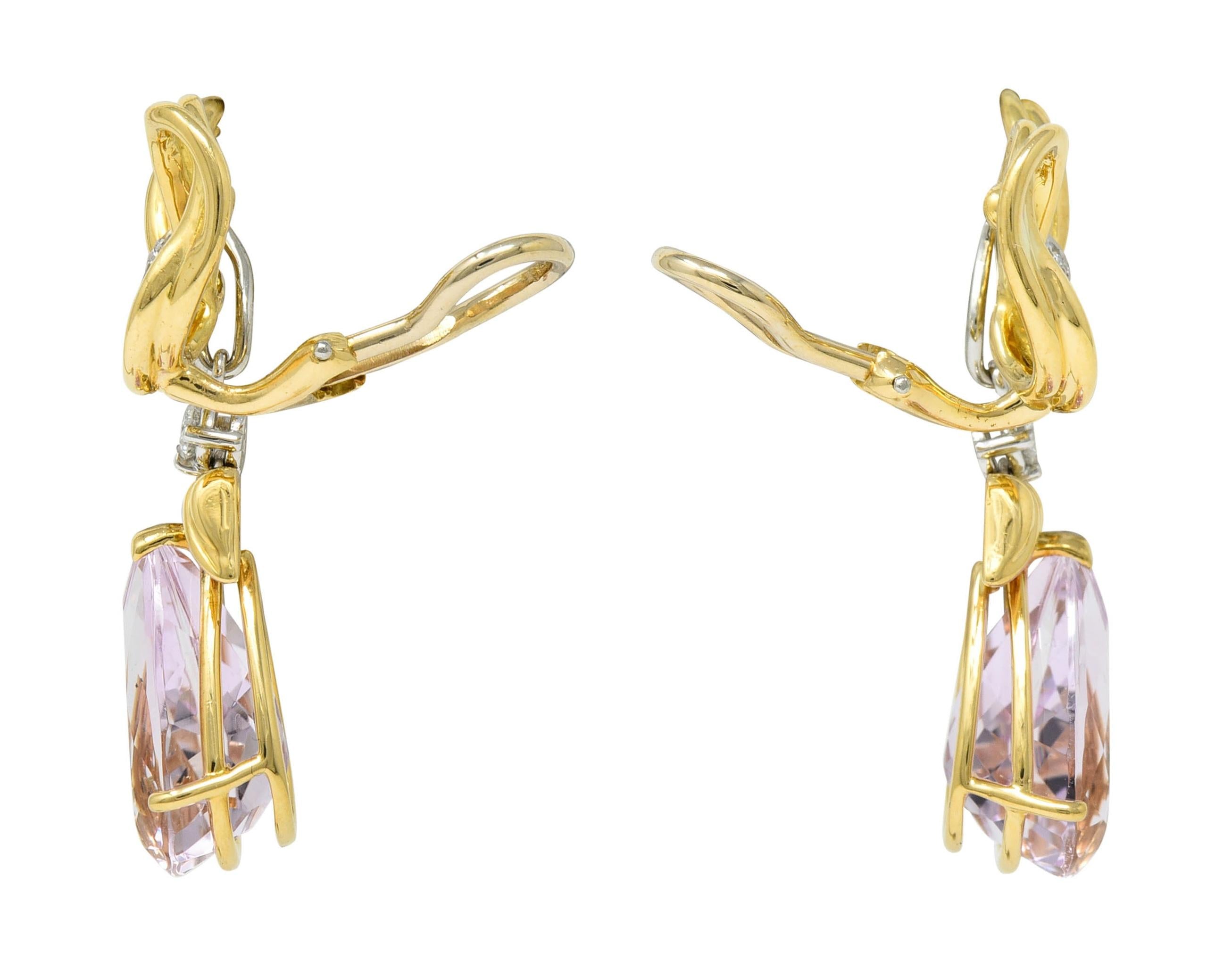 Tiffany & Co. 1988 Kunzite Diamond Platinum 18K Gold Vintage Angel Drop Earrings