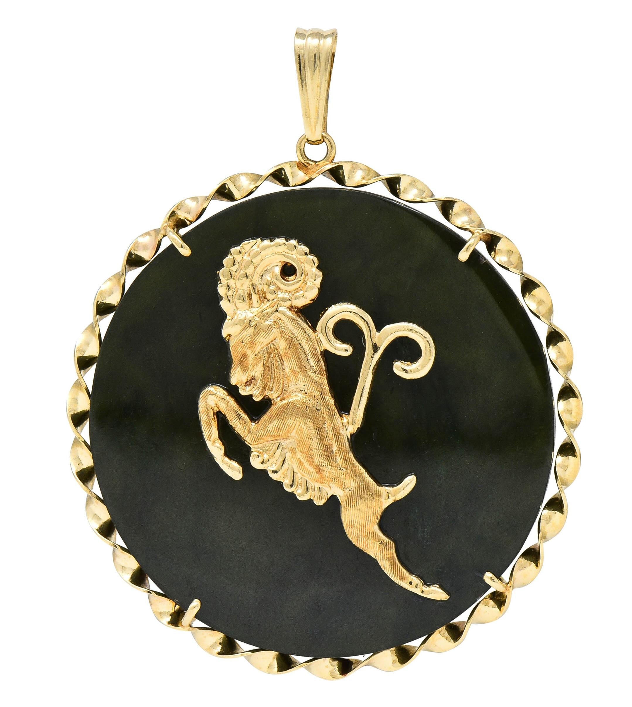 1970's Nephrite Jade 14 Karat Yellow Gold Vintage Aries Zodiac Pendant