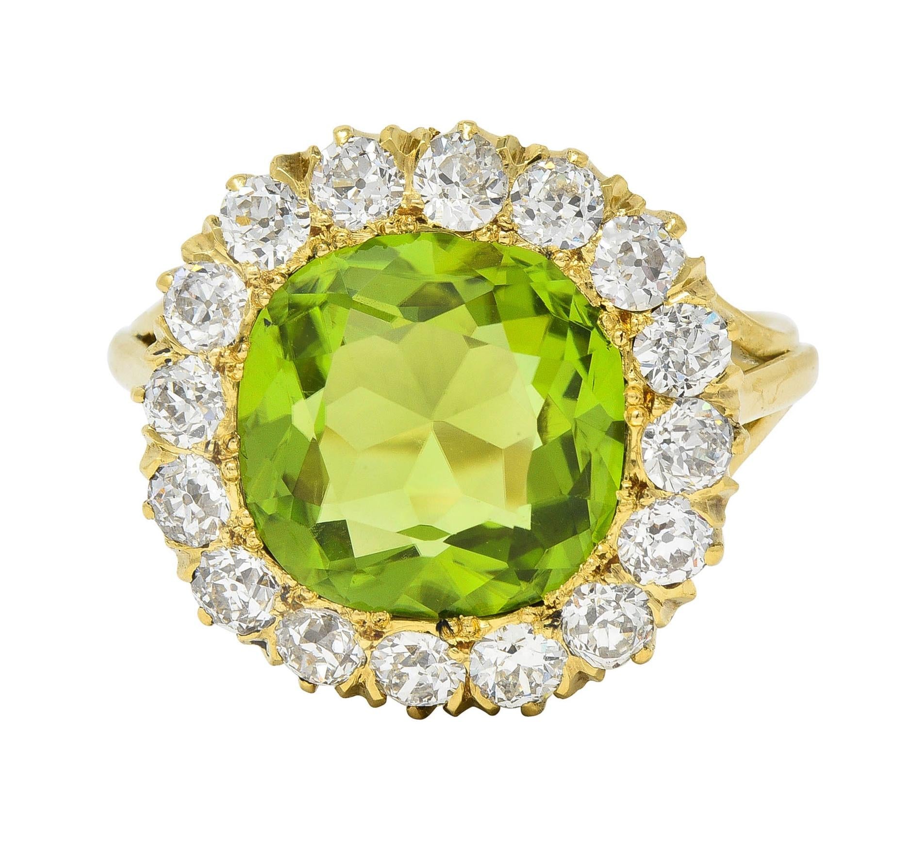 Antique 6.78 CTW Peridot Diamond 18 Karat Yellow Gold Halo Ring