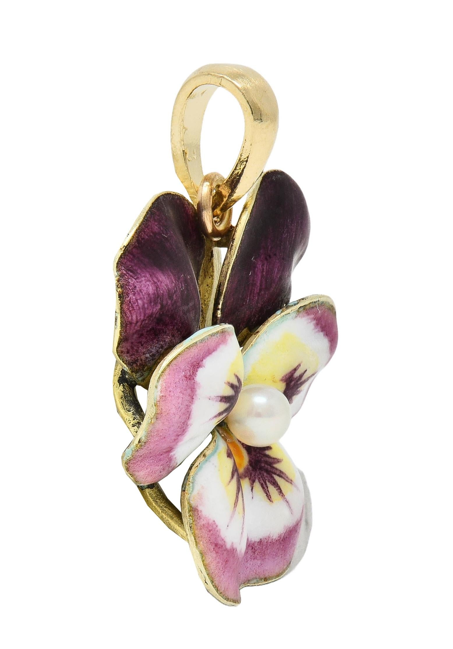 Art Nouveau Pearl Enamel 14 Karat Yellow Gold Antique Maroon Pansy Flower Charm