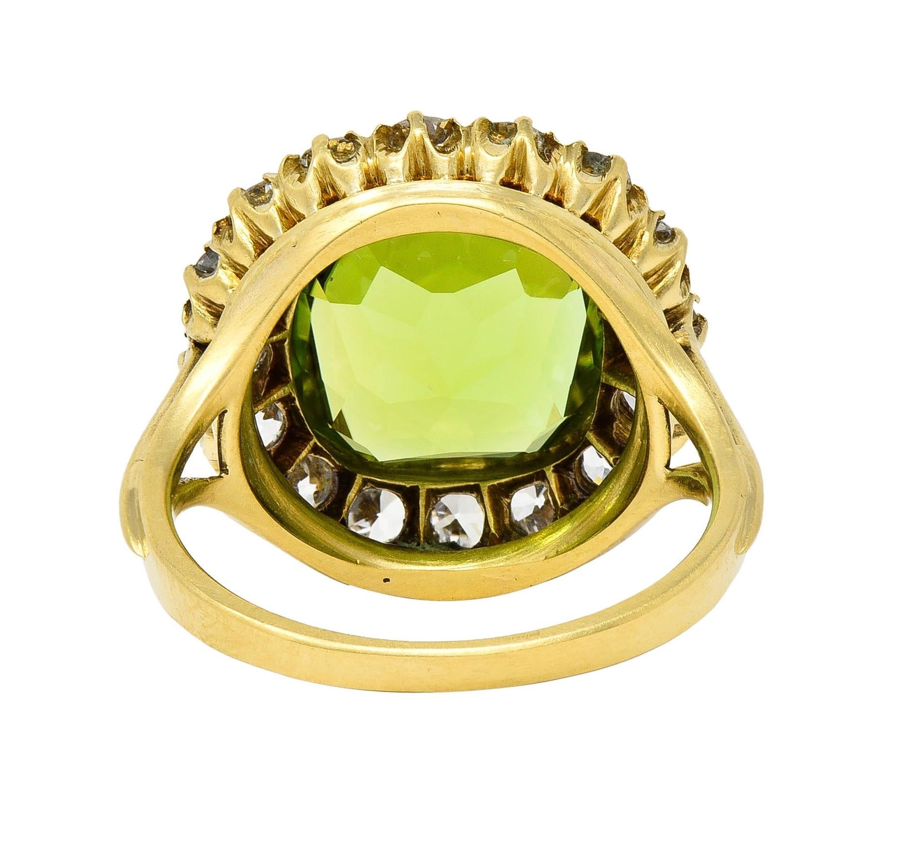 Antique 6.78 CTW Peridot Diamond 18 Karat Yellow Gold Halo Ring