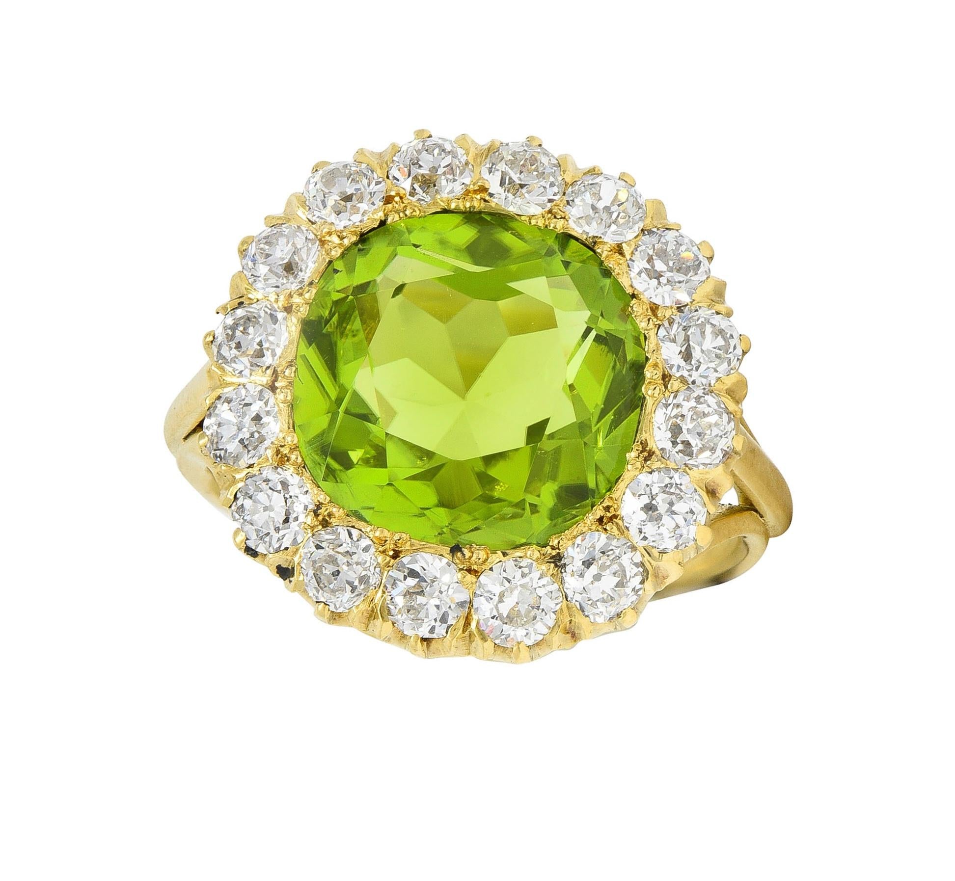 Antique 6.78 CTW Peridot Diamond 18 Karat Yellow Gold Halo Ring