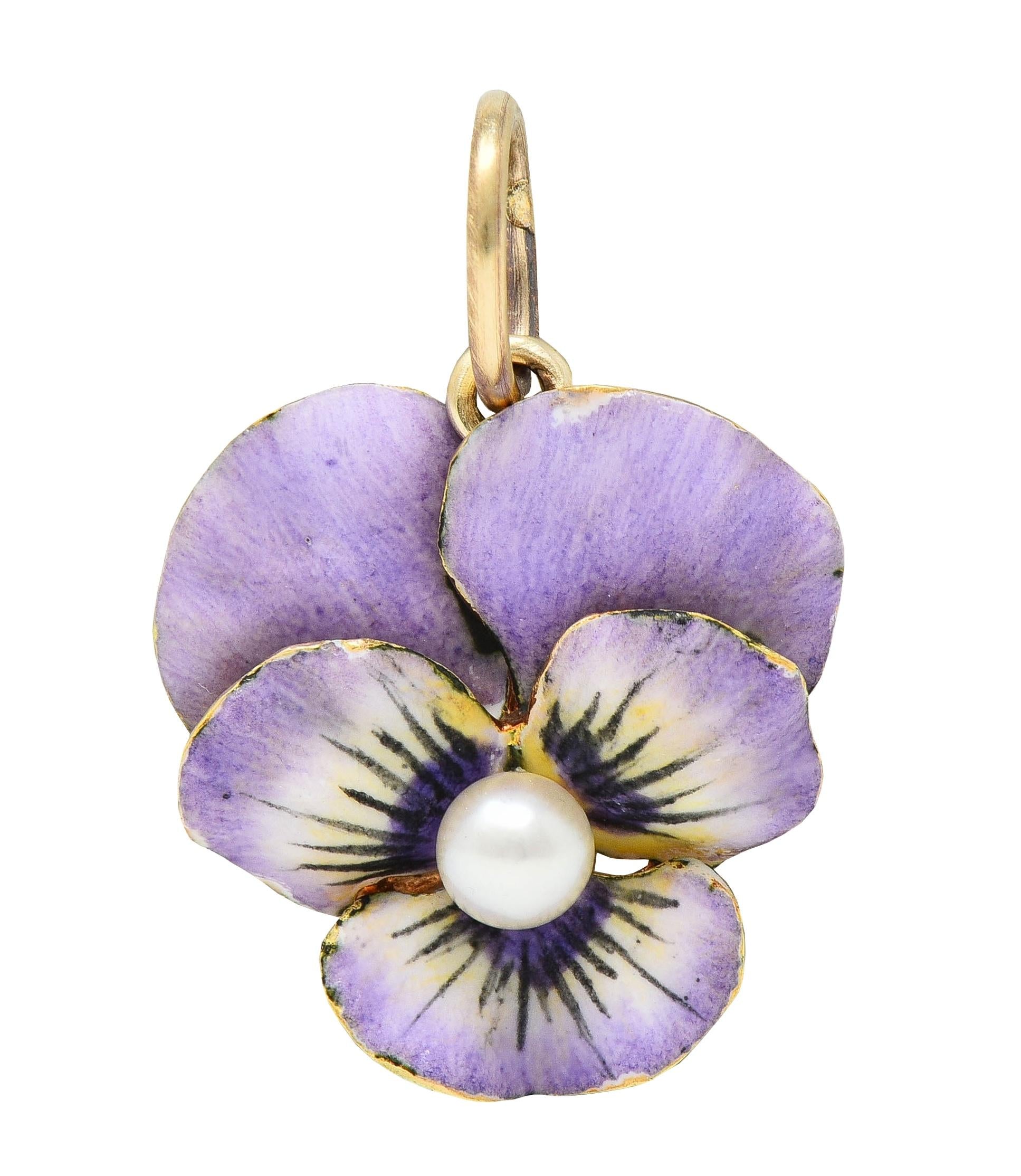 Art Nouveau Pearl Enamel 14 Karat Yellow Gold Antique Pansy Flower Charm