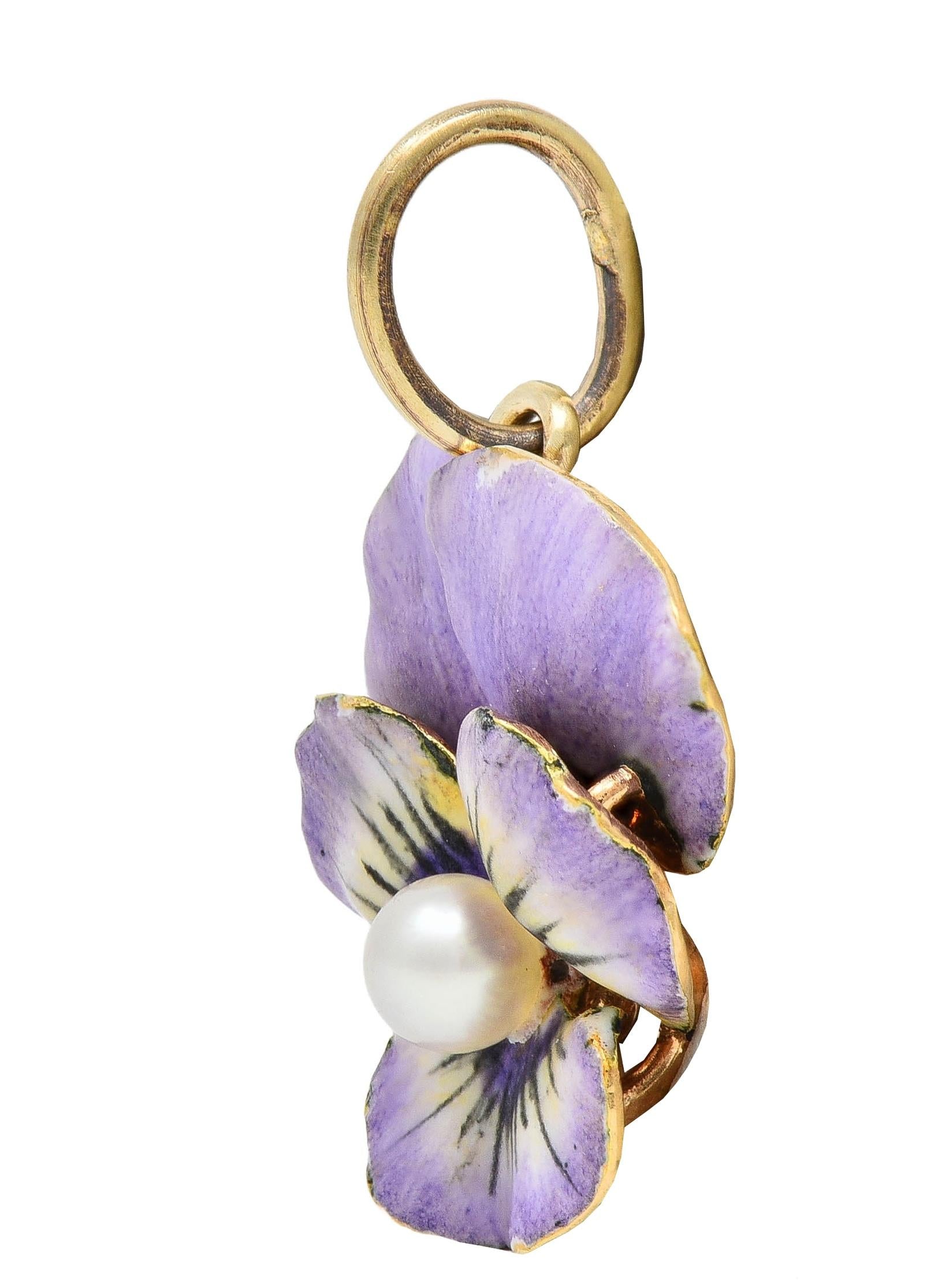 Art Nouveau Pearl Enamel 14 Karat Yellow Gold Antique Pansy Flower Charm