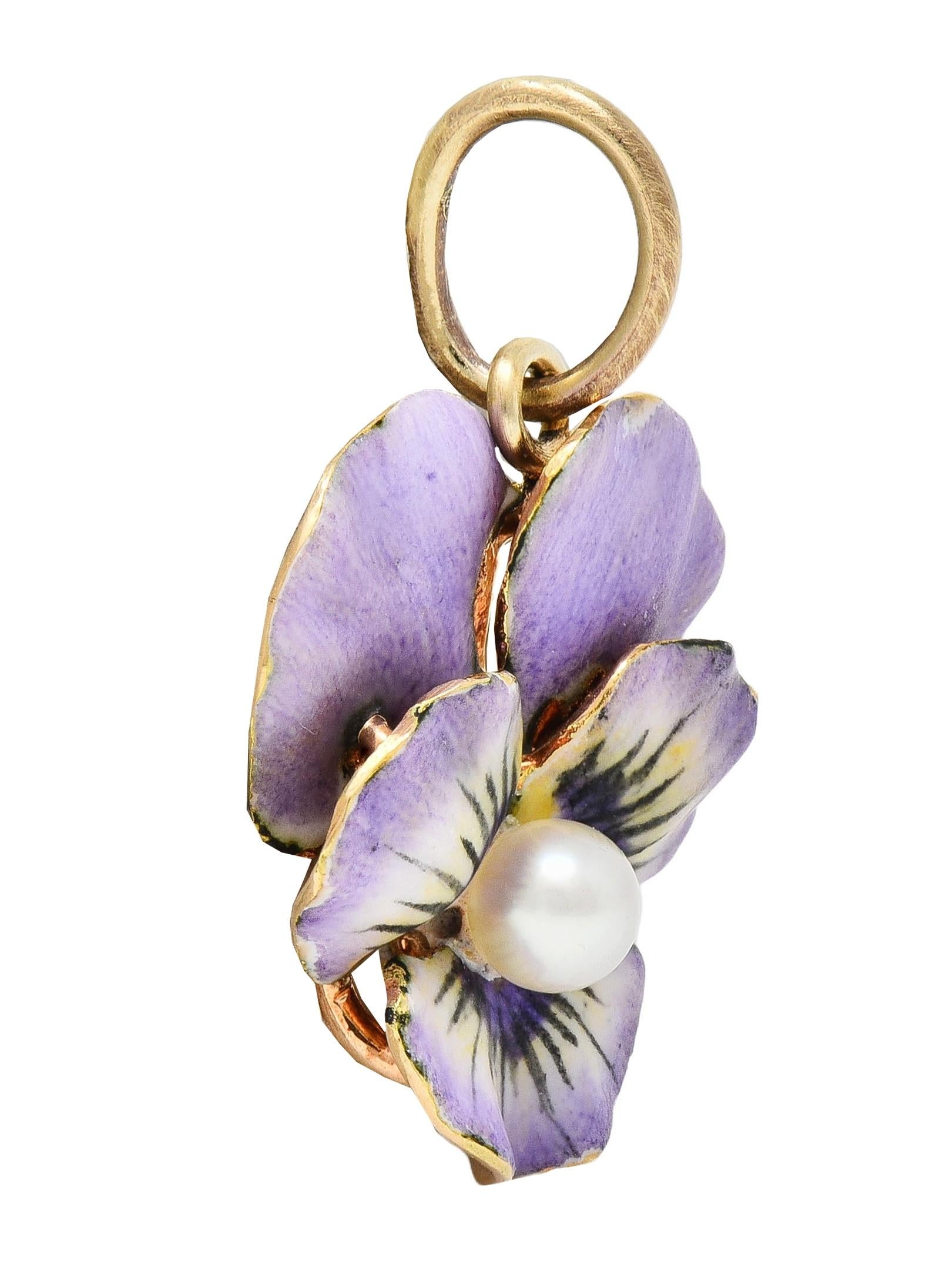 Art Nouveau Pearl Enamel 14 Karat Yellow Gold Antique Pansy Flower Charm