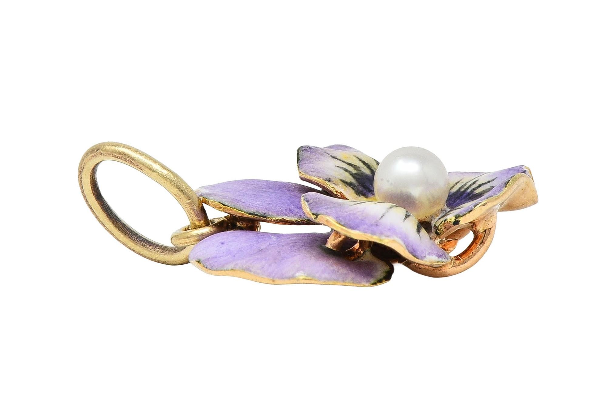 Art Nouveau Pearl Enamel 14 Karat Yellow Gold Antique Pansy Flower Charm