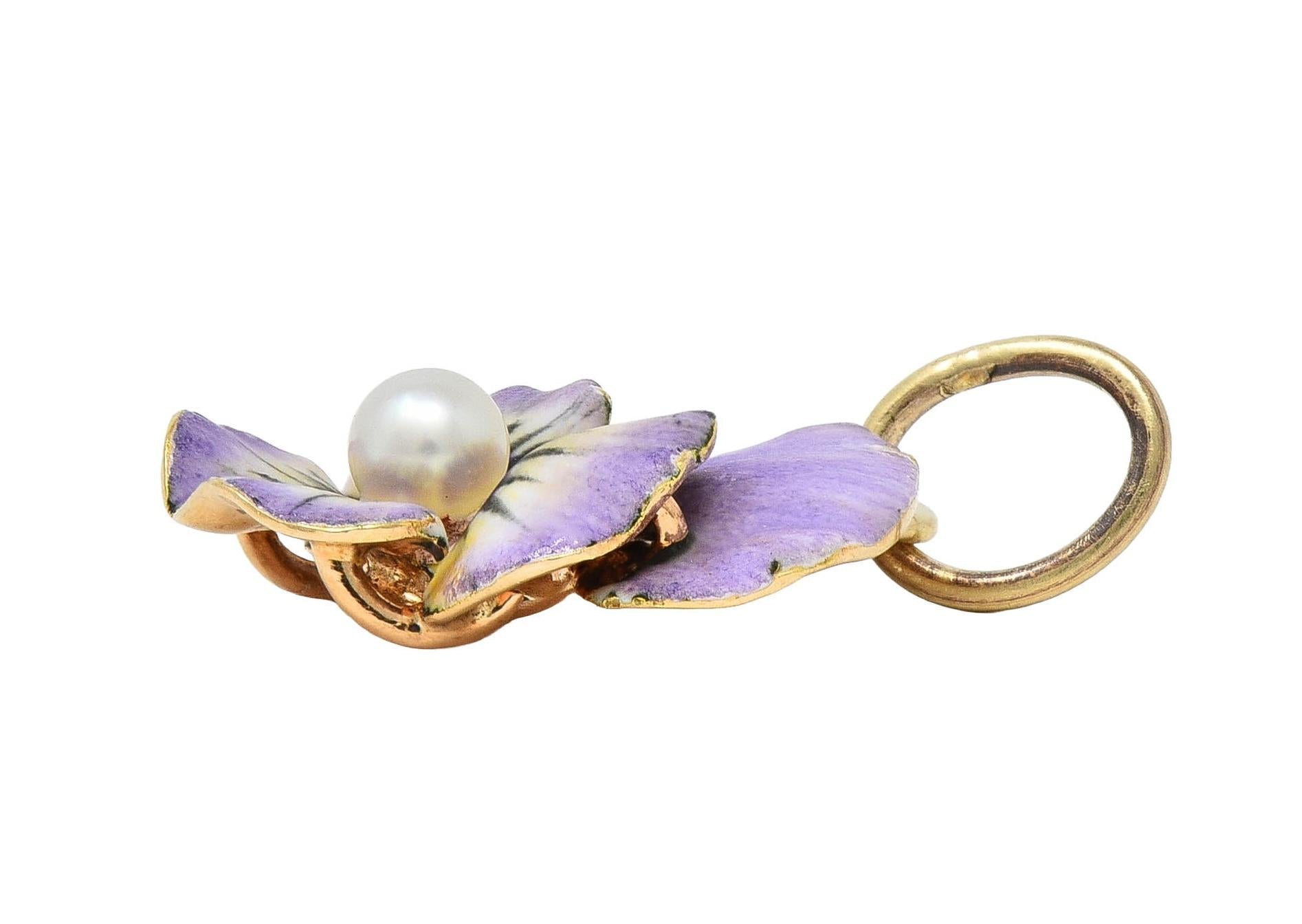 Art Nouveau Pearl Enamel 14 Karat Yellow Gold Antique Pansy Flower Charm