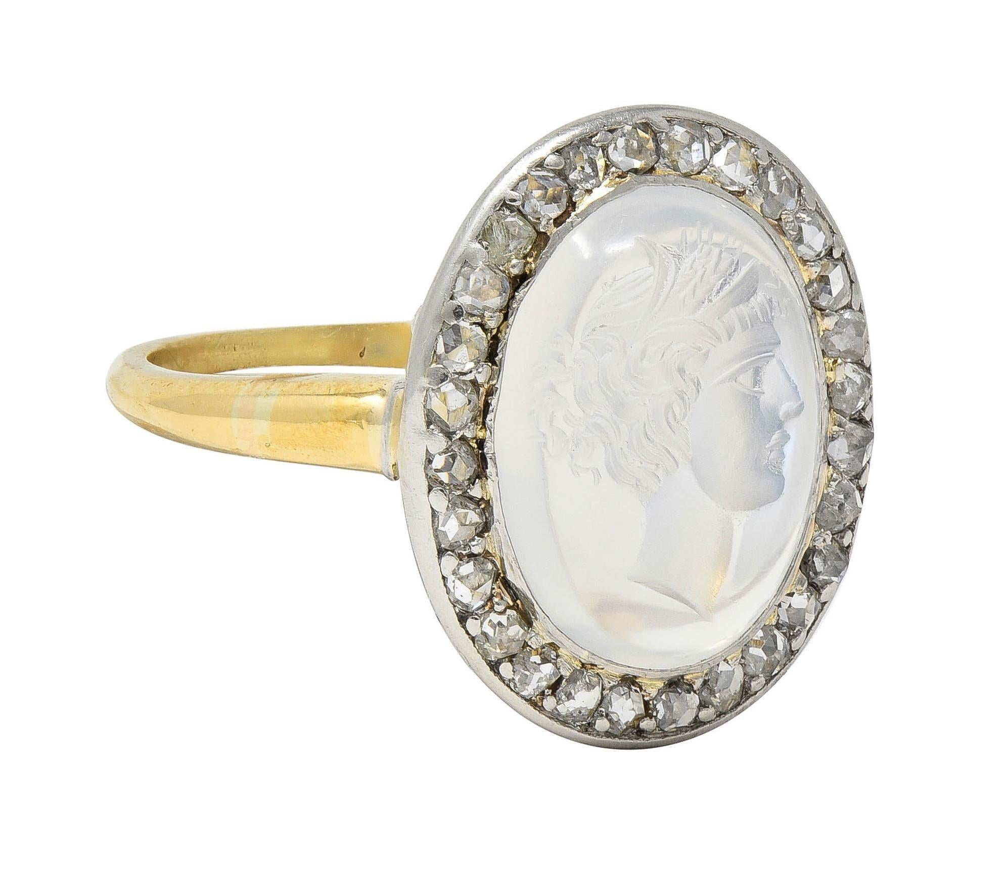 Edwardian Moonstone Diamond Platinum 18K Yellow Gold Antique Intaglio Halo Ring