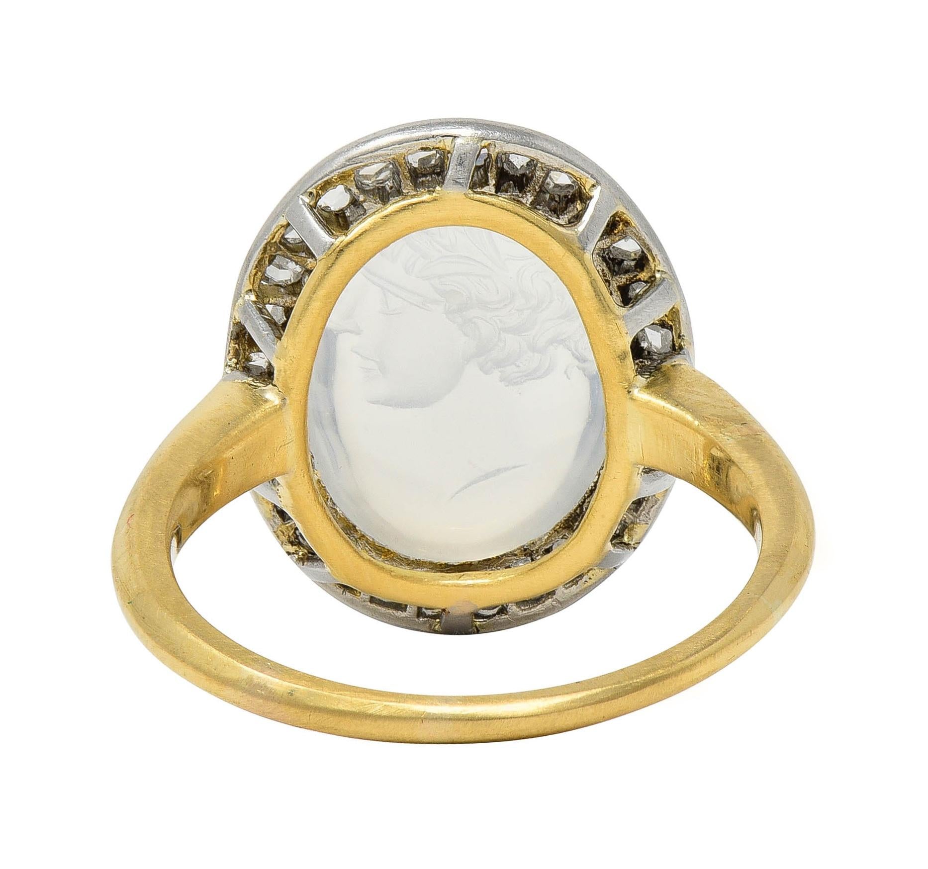 Edwardian Moonstone Diamond Platinum 18K Yellow Gold Antique Intaglio Halo Ring