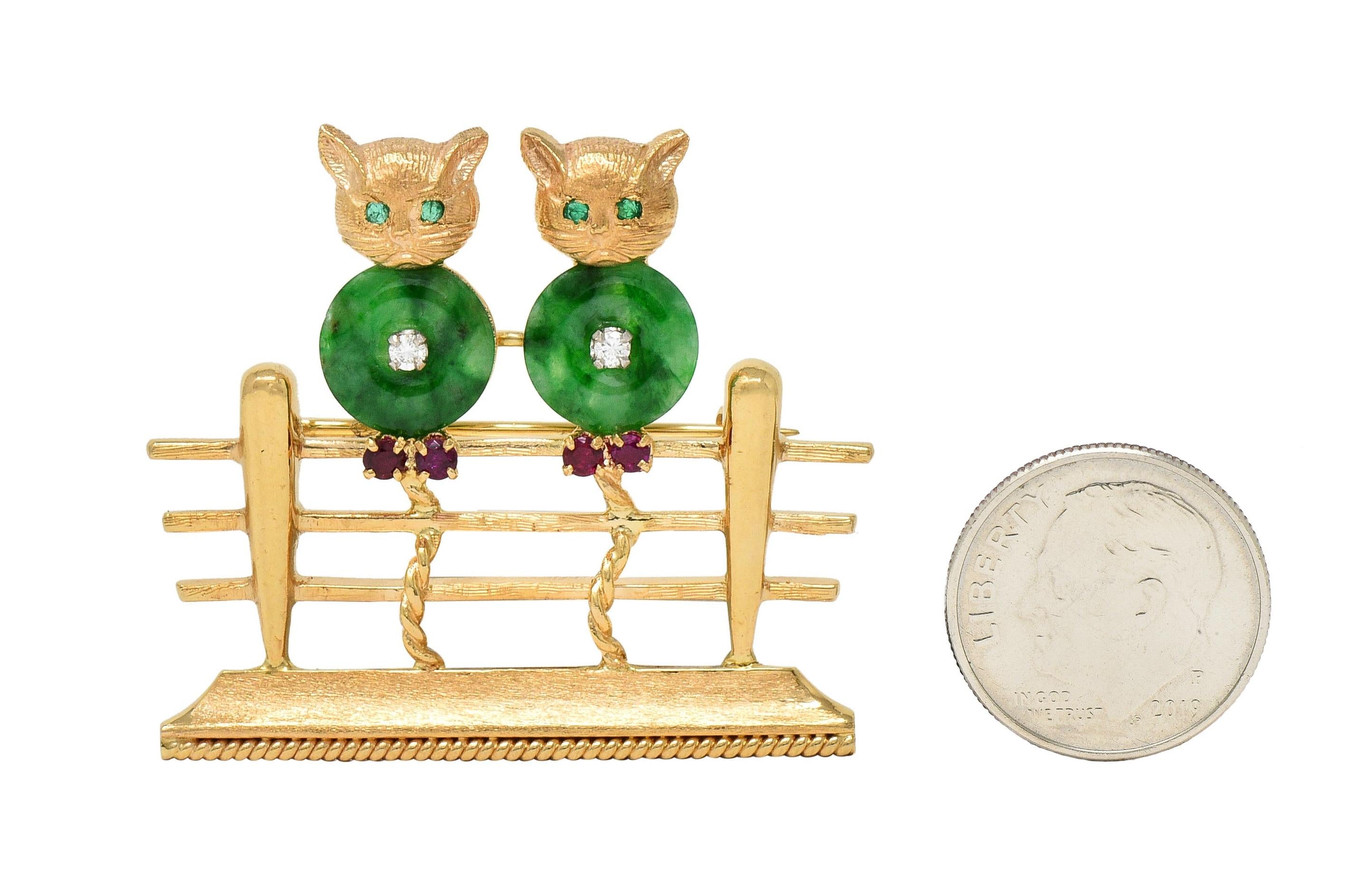 Jade Diamond Ruby Emerald 14K Yellow White Gold Vintage Cats on Fence Brooch