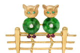 Jade Diamond Ruby Emerald 14K Yellow White Gold Vintage Cats on Fence Brooch