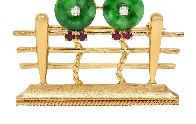 Jade Diamond Ruby Emerald 14K Yellow White Gold Vintage Cats on Fence Brooch