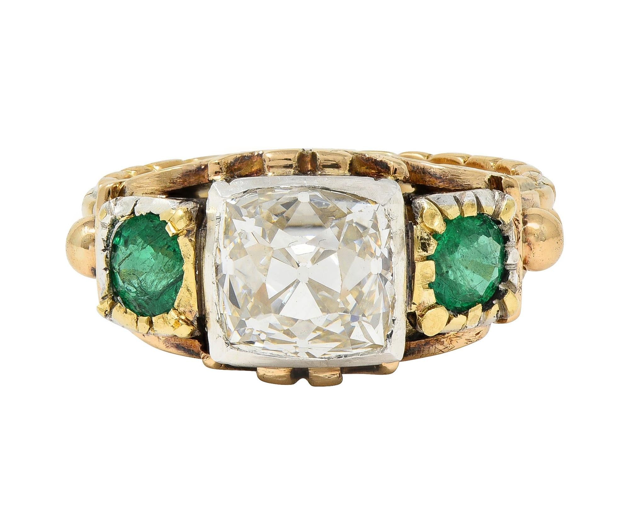 Early Victorian 3.92 CTW Peruzzi Cut Diamond Emerald 18 Karat Gold Antique Ring