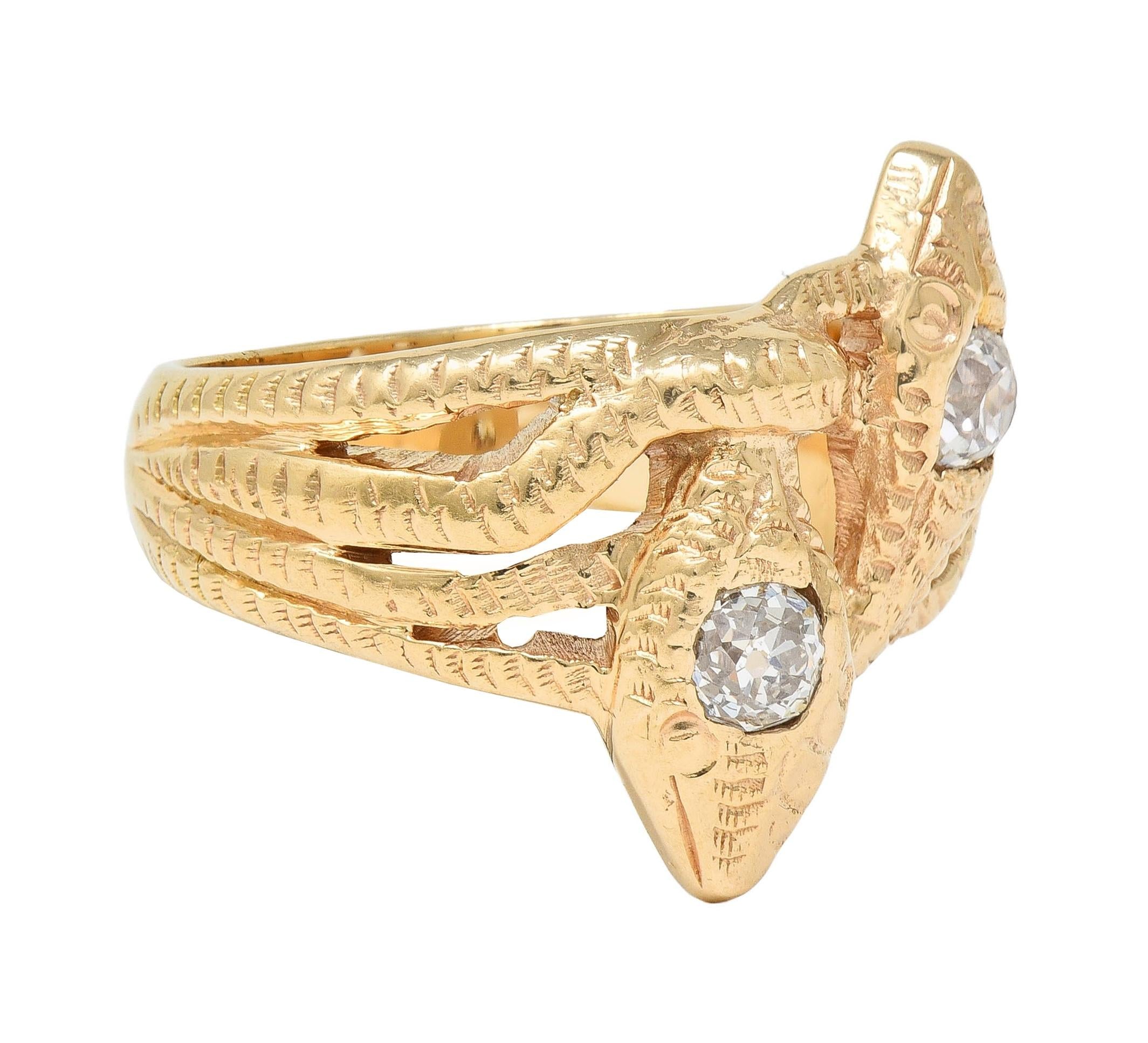 Victorian Diamond 14 Karat Yellow Gold Antique Lover Knot Unisex Snake Band Ring